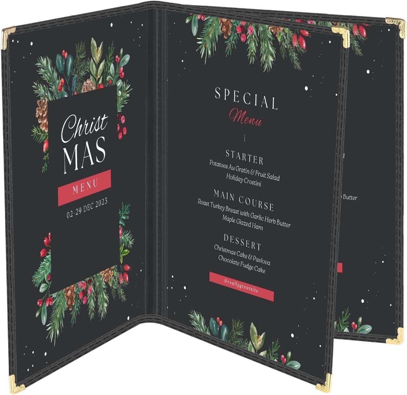 Flexzion Menu Covers 8.5 x 11 Inch - Book Style Menu Holders for Restaurant, Hotel, Cafe, Bar & Pubs - Transparent Clear Menu Covers with 3 Page 6 View, (30 Packs) Menu Folders with Gold Metal Corner