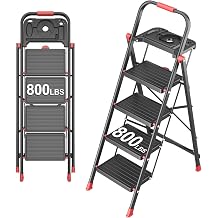 4 Step Foldable Step Ladder with Mutifunctional Tool Tray, Platform Ladders Stepstools, Step Stool 4 Step Folding with Non-Slip Pedals, 800lbs Bearing Capacity for Adults, Home, Kitchen, Black Red