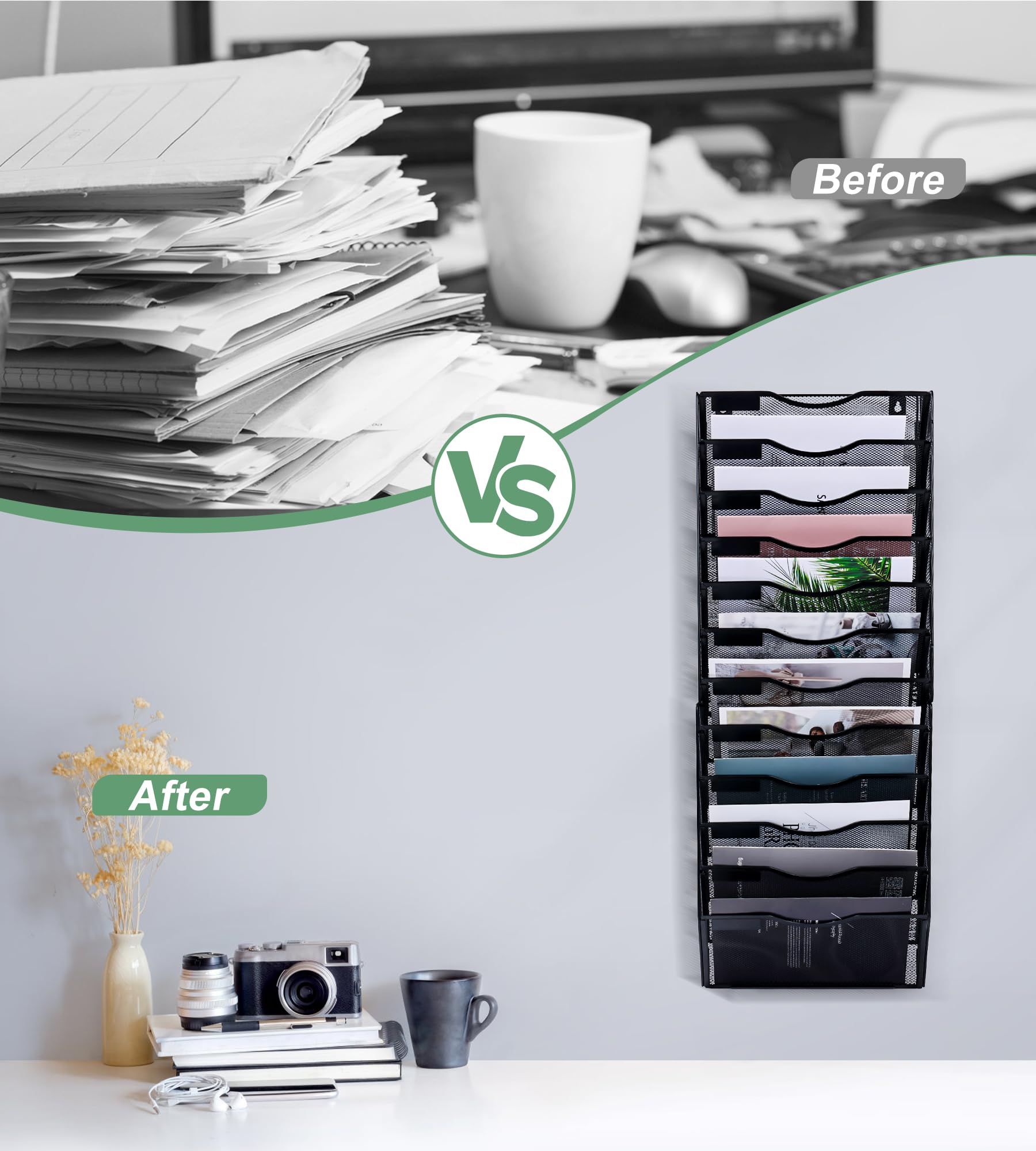 TQVAI 12 Compartimentos Malla Metal Revistero Pared Documentos Organizador Papeles A4 Colgante Oficina Archivador de Organizador Herramientas Pared, Negro
