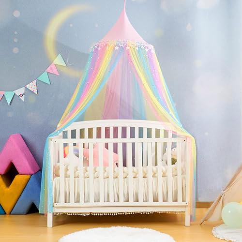 Miniatura 10 de MOOZHEALTH Toldo de cama para niñas, cortina de cama redonda con cúpula redonda de princesa con purpurina de nieve, tienda de campaña de ensueño,