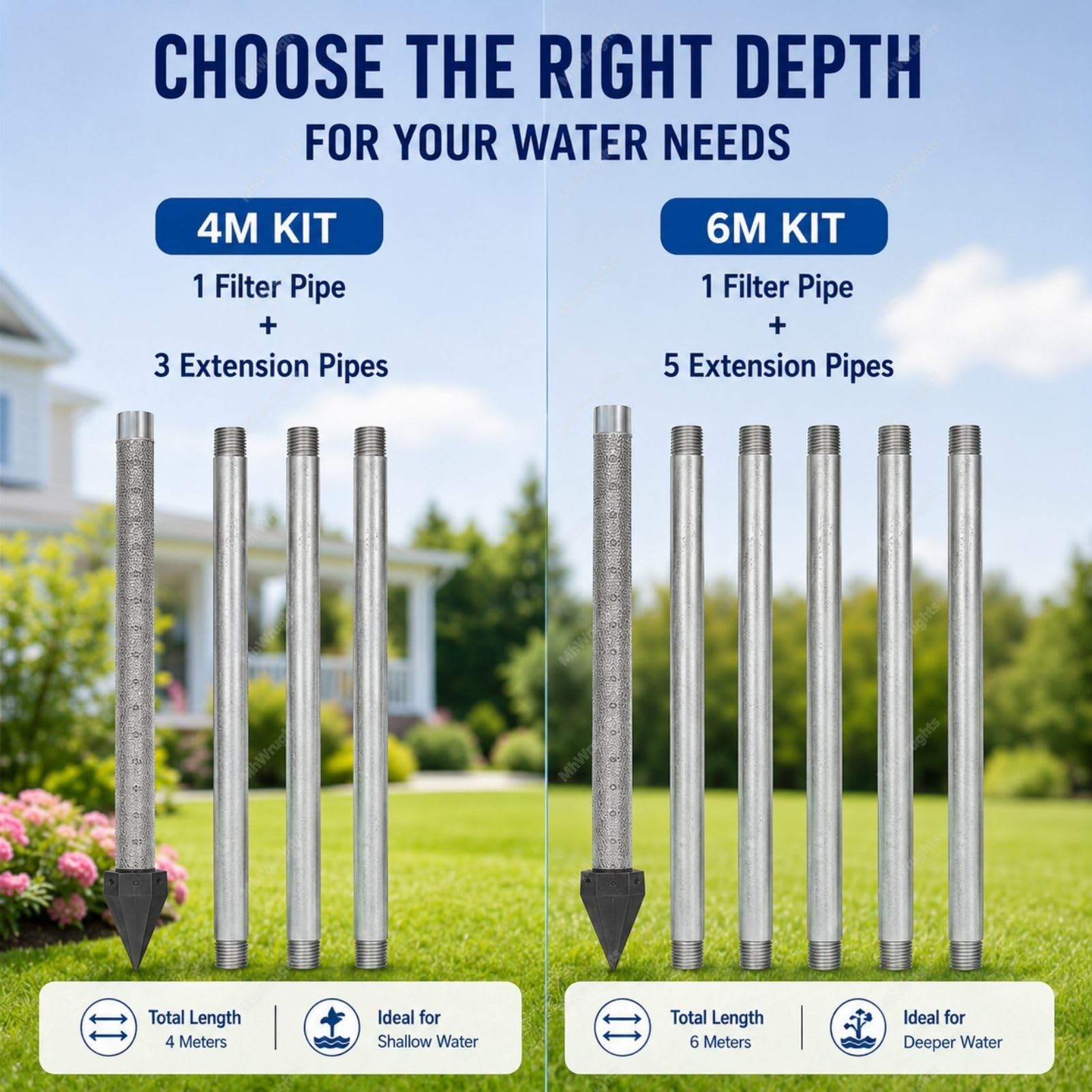 Kit de Forage de puits d'eau, Disponible en configurations de 4 m ou 6 m, Pointe de puits enfoncée de 1-1/4 Pouce avec crépine en Acier Inoxydable et tuyaux d'extension galvanisés 4M