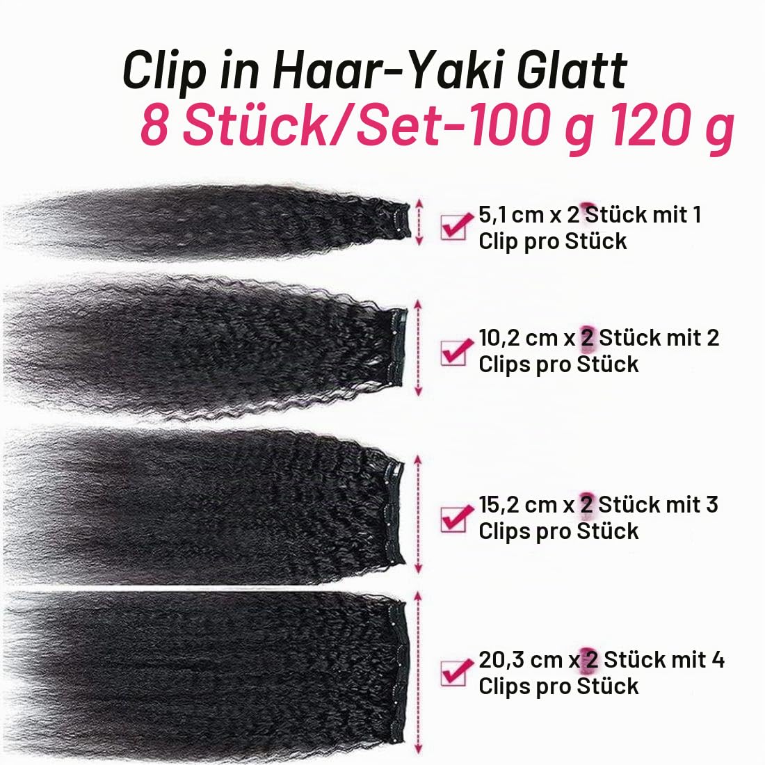 Yaki Straight Clip in Extensions Echthaar，40cm 16 Zoll 8PCS 100g Natürliches Schwarz Haarverlängerung für Frauen Kinky Straight Remy Hair Extensions Clip in