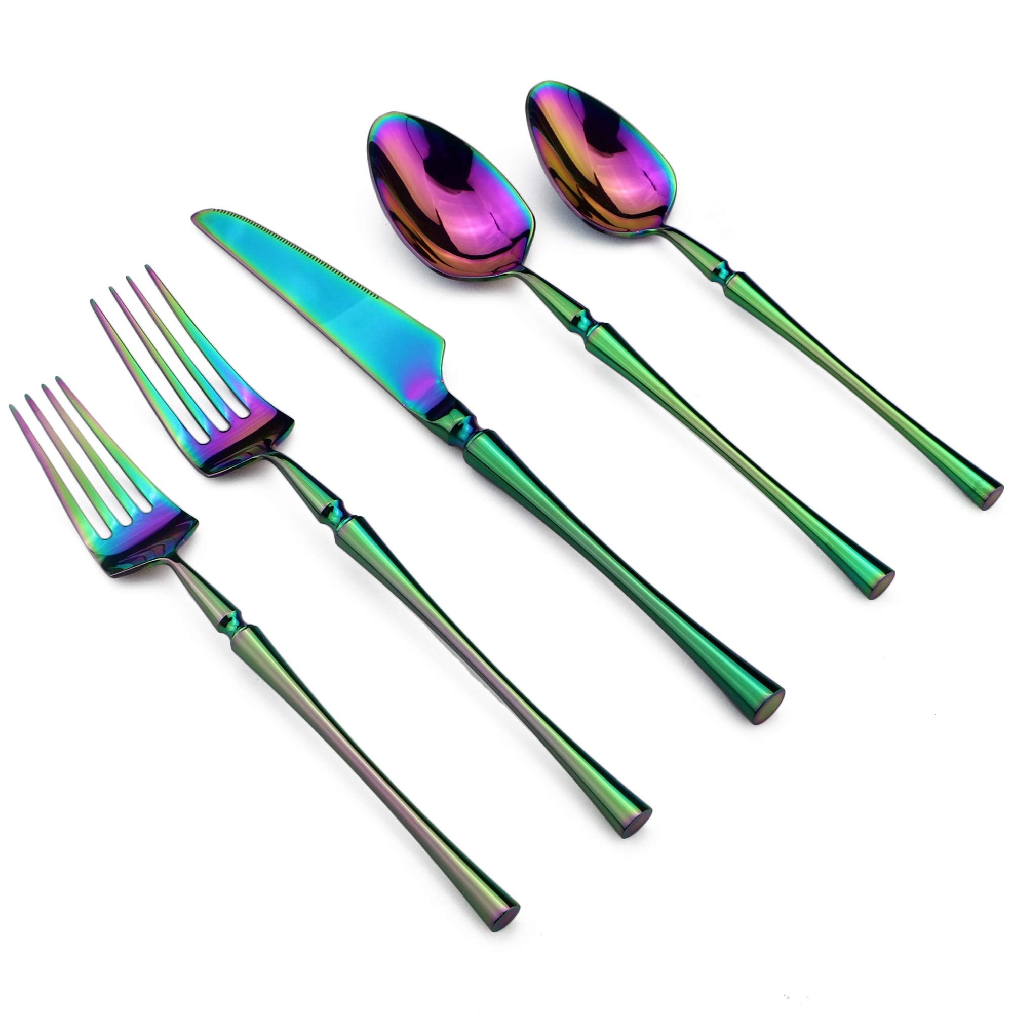 JANKNG 20-Pieces Unique Colorful 18/10 Stainless Steel Flatware Set, Slim Round Handle, Mirror Polishing Rainbow, Service for 4