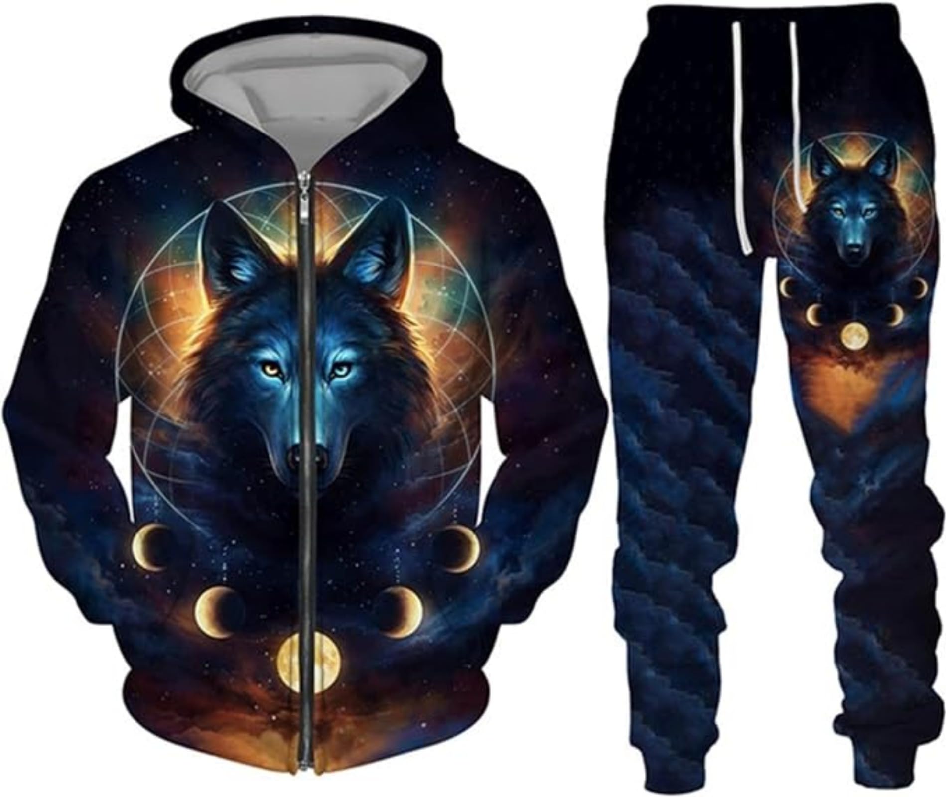 Hiegi Wolf Jogging Suit Sports Suit Men's Hooded Jumper Set 3D Wolf Hooded Jumper + Jogging Pants Men's Sweatshirt Trousers, S