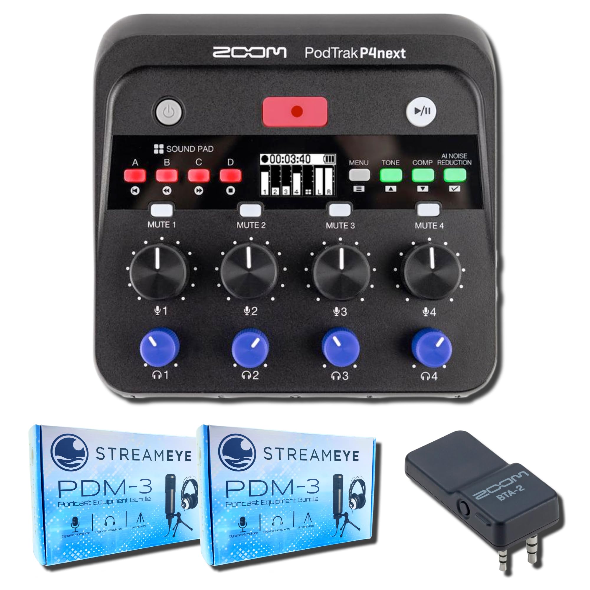Zoom PodTrak P4next Audio Interface with BTA-2 Bluetooth Adapter and 2x StreamEye PDM-3 Podcast Equipment Bundle