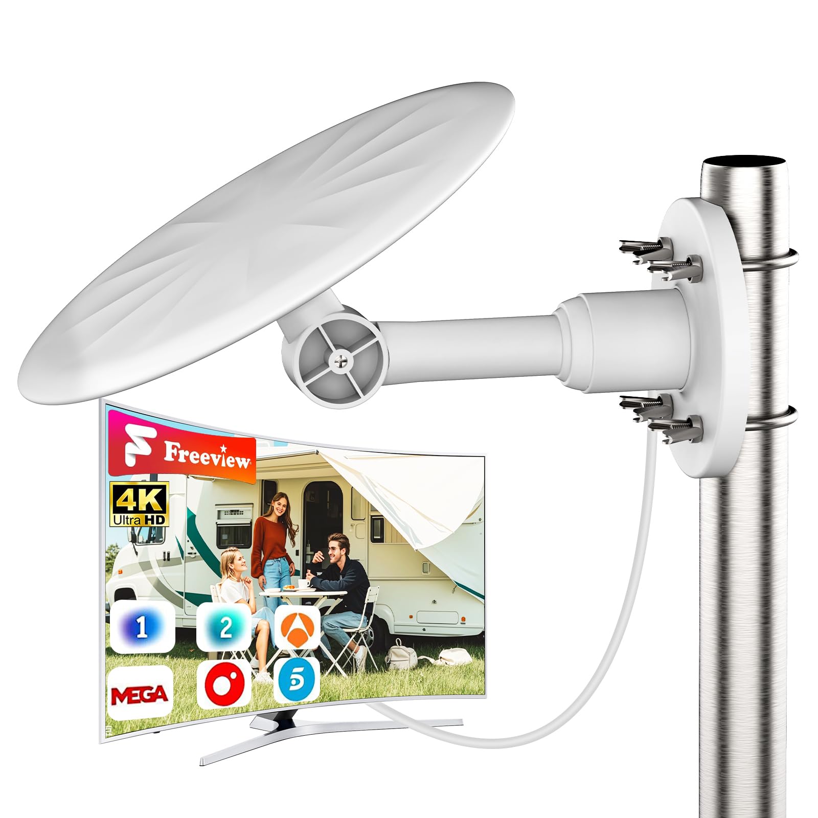 Antena TDT Exterior Blanca para Smart TV – Antena TV Digital HD 4K/1080P con Recepción UHF/VHF Estable de Largo Alcance, Compatible DVB-T2/DVB-T, Cable Coaxial 10 m, Resistente al Clima