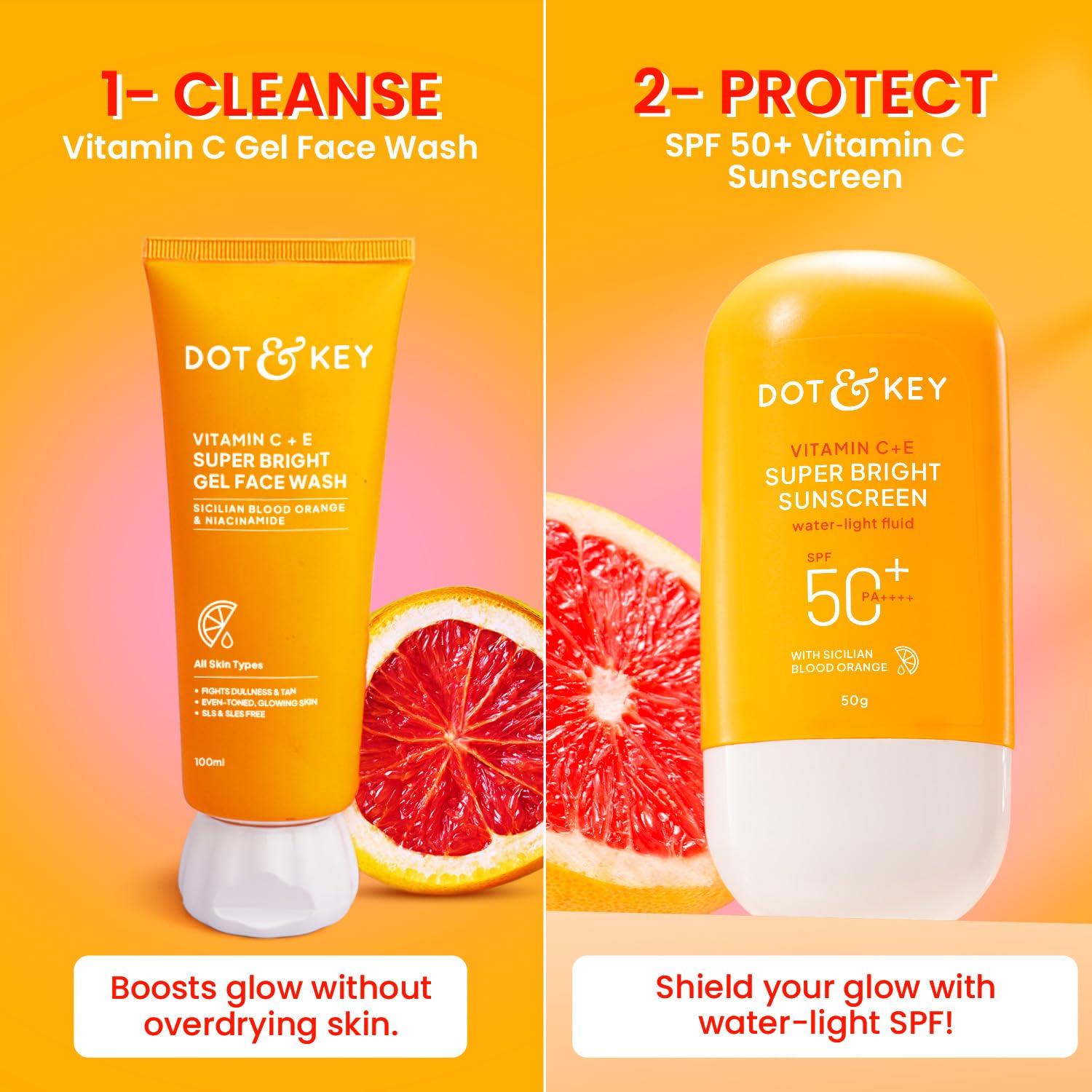 Dot & Key Vitamin C+E Super Bright Sunscreen Spf 50 Pa+++ - 50g & Dot & Key Vitamin C + E Super Bright Gel Face Wash | For Normal Skin | Skin Care Combo | For Women & Men 1