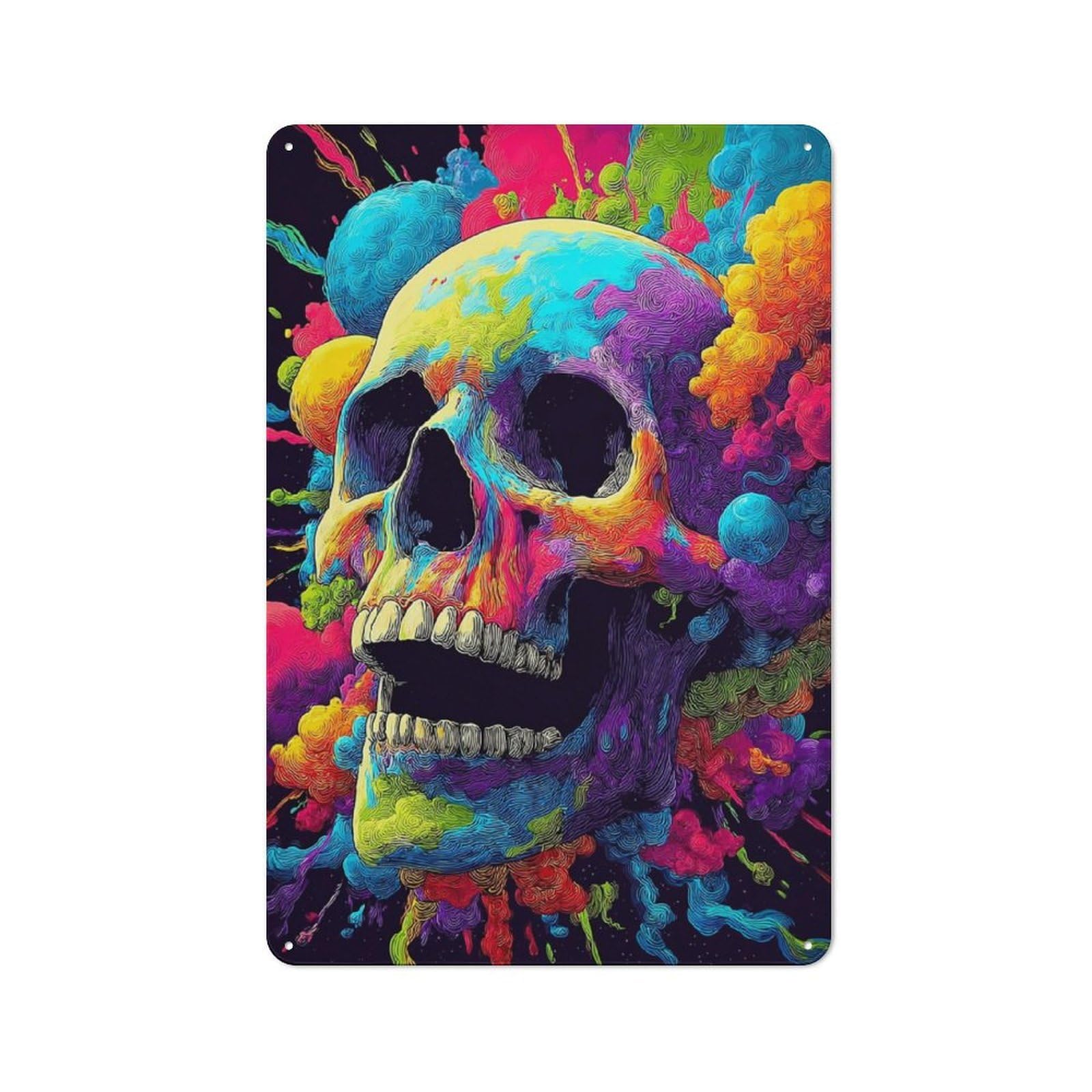 Colorful Skull Artwork -1 Classic Metal Wall Decor 30x20cm, Decorative Tin Plaque for Cafe, Pub, Workshop Or Home Bar