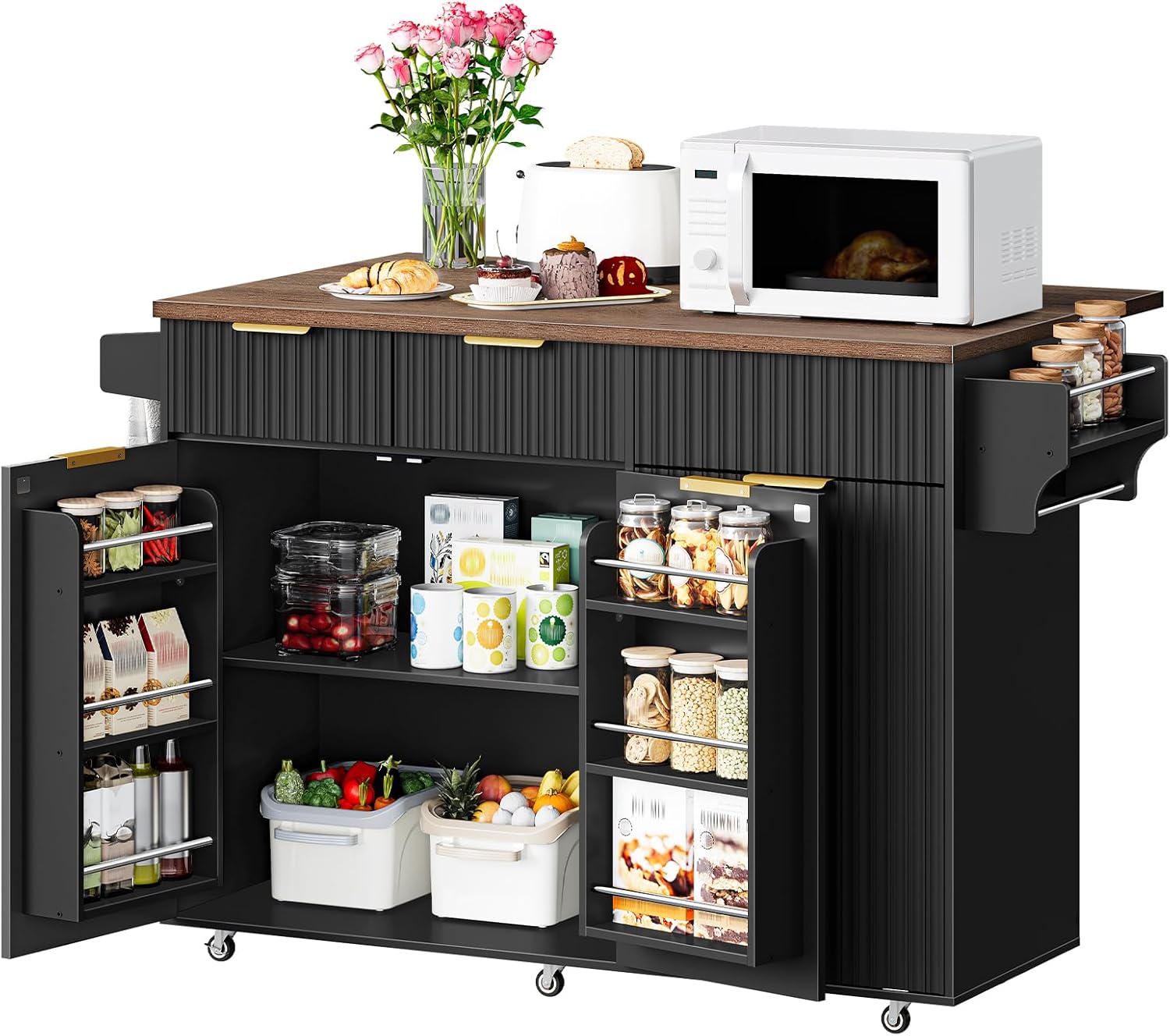 Mobile Kitchen Island with Folding Drop Leaf Countertop, Rolling Kitchen Island Cart with Trash Can Storage, Drawers, Adjustable Shelf, Spice Rack, for Dining Room, Black and Walnut MZD08BL