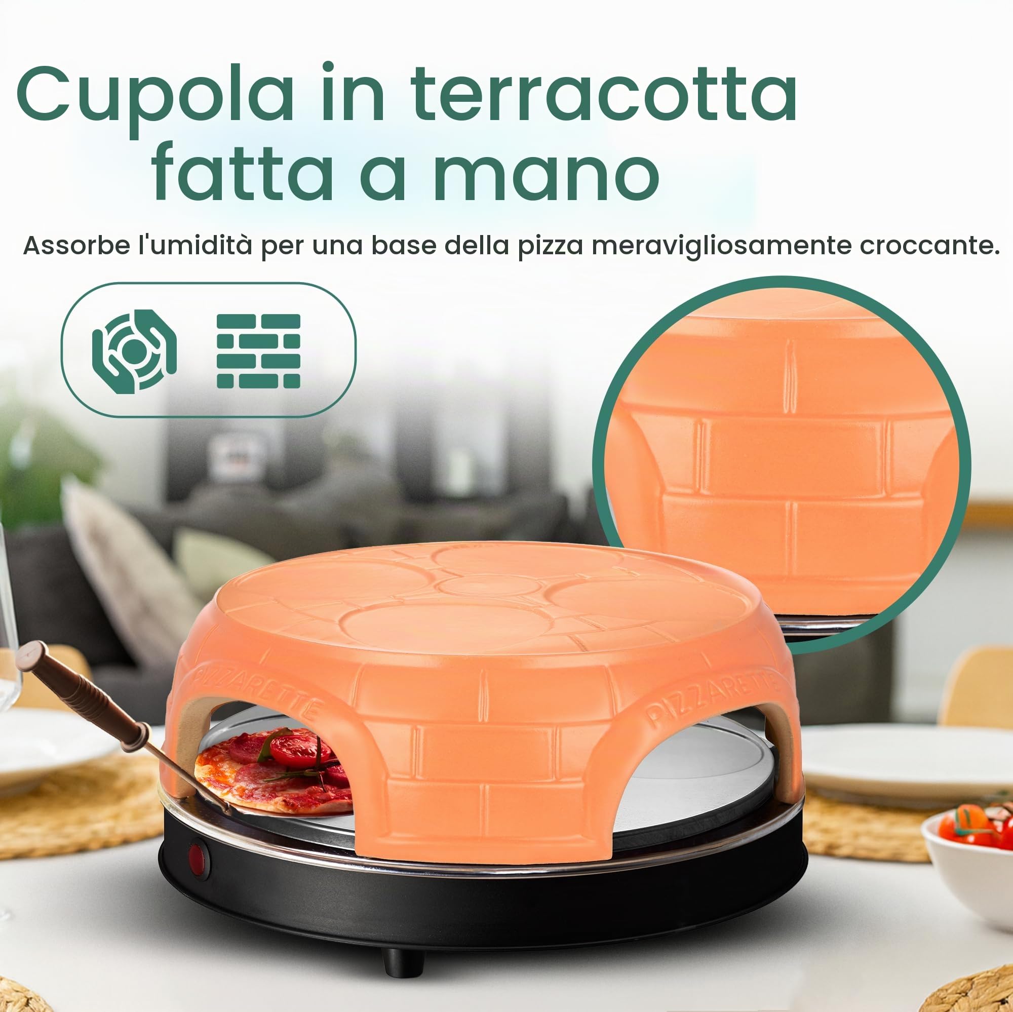 Emerio PIZZARETTE PO-115847.1 - Forno per pizza "PIZZARETTE l'originale, in terracotta fatta a mano, nuovo design PRE-BAKE, per mini pizza