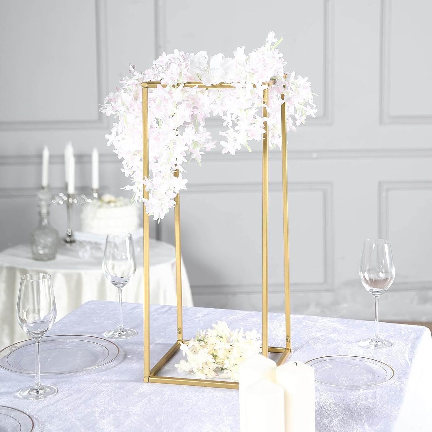 Tableclothsfactory 2 Pack 24" Matte Gold Wedding Flower Stand Metal Vase Column Stand Geometric Centerpiece Vase