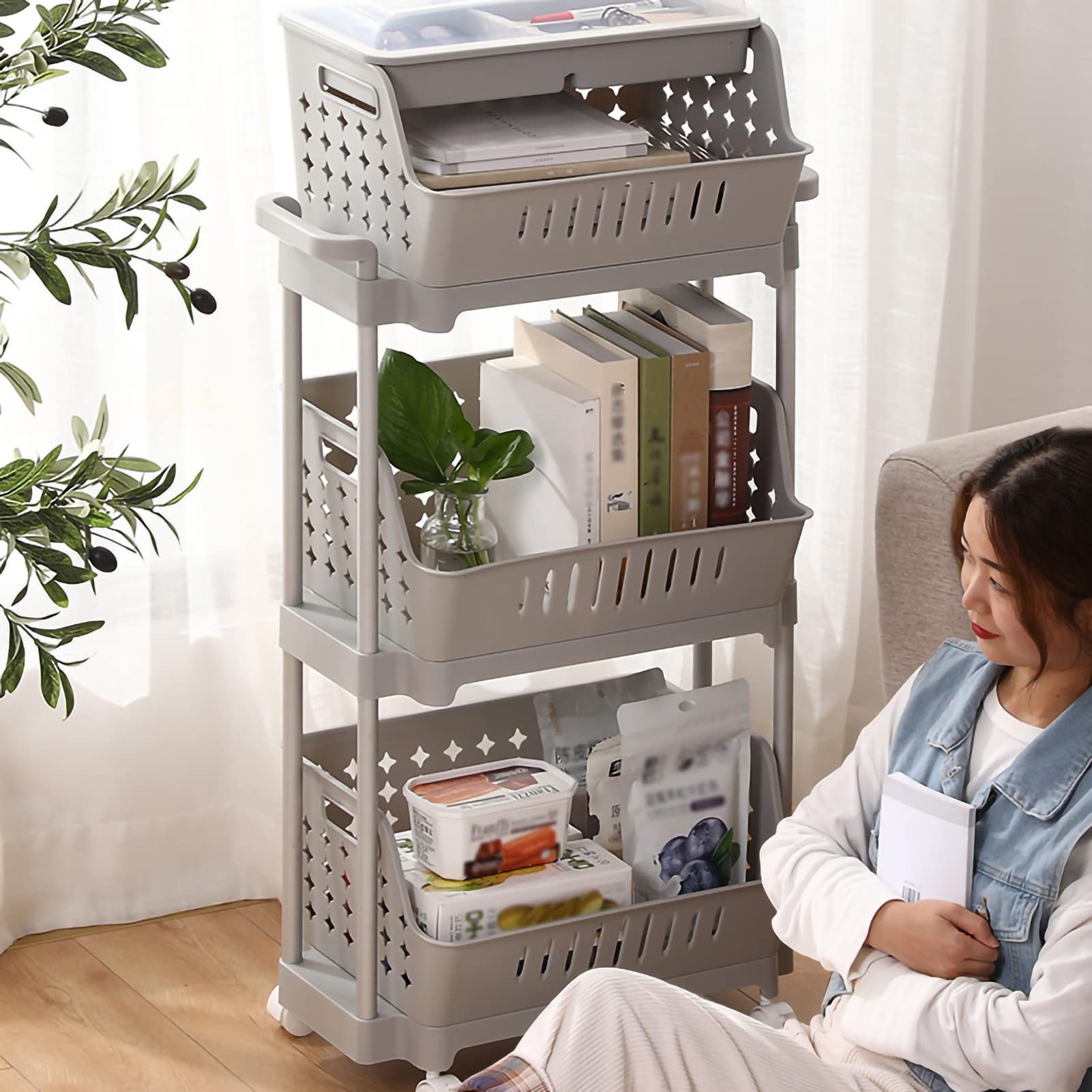 Genérico Torre de Almacenamiento con Carrito de cajones Multifuncional, 4 cestas de Almacenamiento extraíbles, Torre de Almacenamiento Delgada Impermeable con Ruedas, Cubierta Transparente,