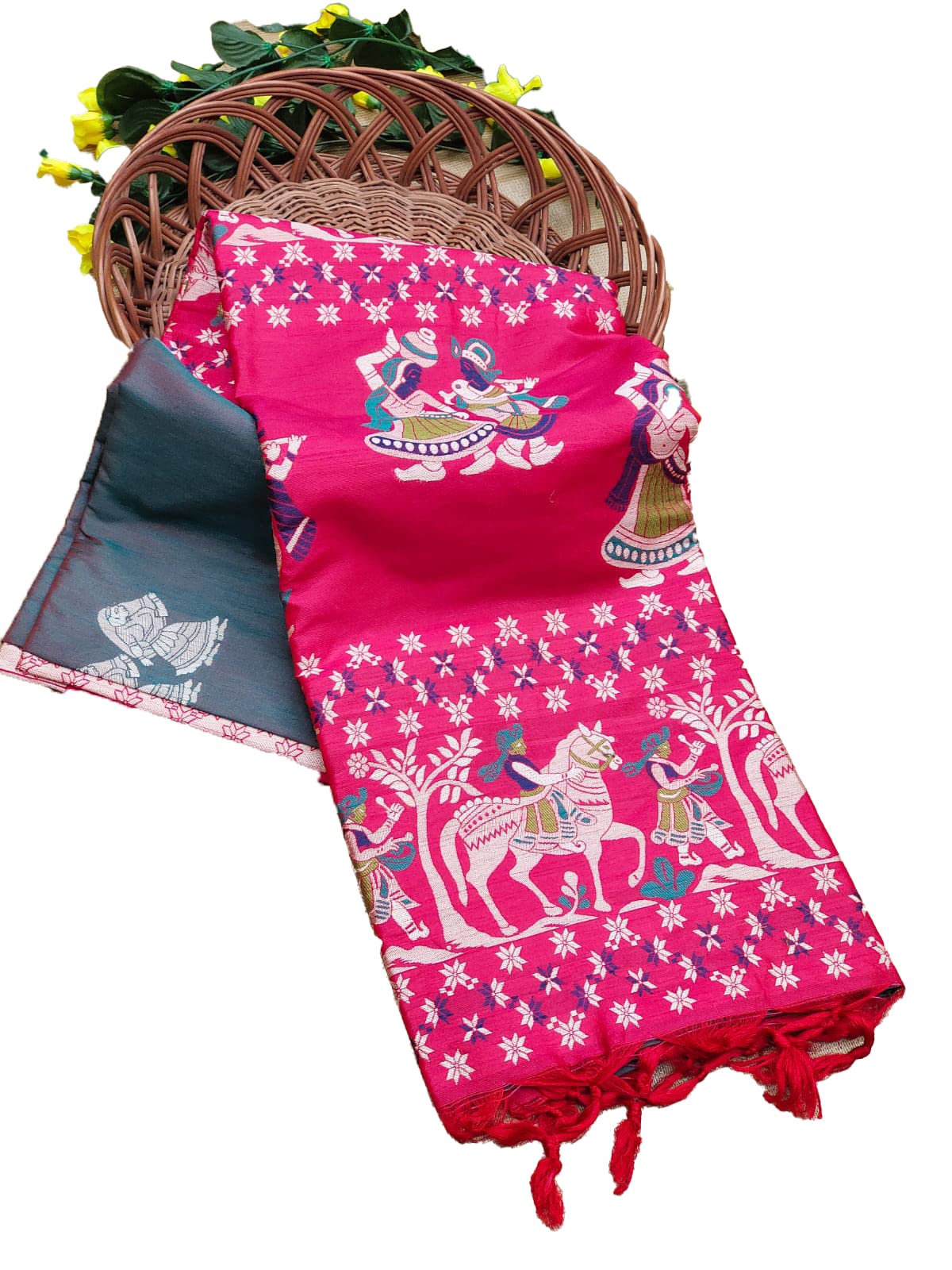 NK TextilesWomen's Bride Groom Butta Design Woven with Heavy Pallu Handloom Raw Silk Saree with Tassels (16 COLORS & DESIGNS), Teal & Pink, One Size