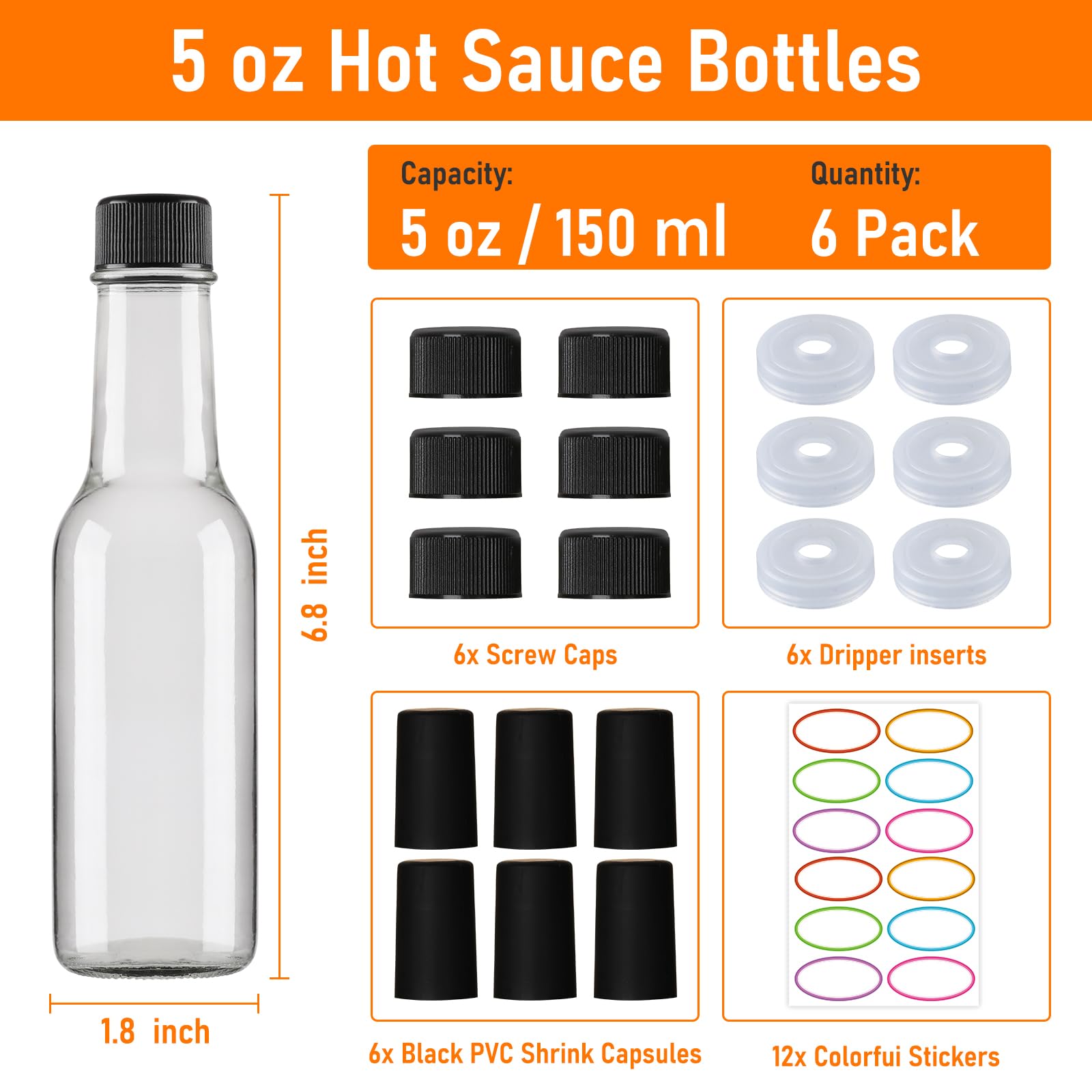 STARSIDE 5 oz Hot Sauce Bottles 6 Pack, Empty Pepper Sauce Bottle, Clear Glass Woozy Bottles with Leak Proof Black Screw Cap,150ml Empty Wine Bottle