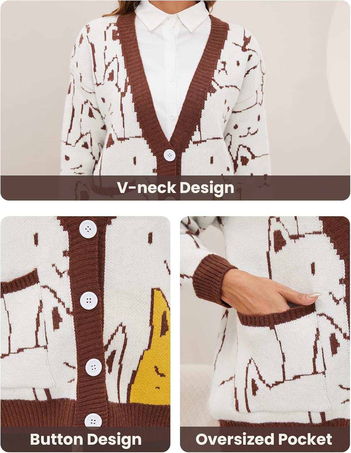 Arssm Cat Sweater for Women Oversized Button Down V Neck Knit Cardigan Cute Kawaii Cartoon Print Sweater Fall Clothes - Image 6