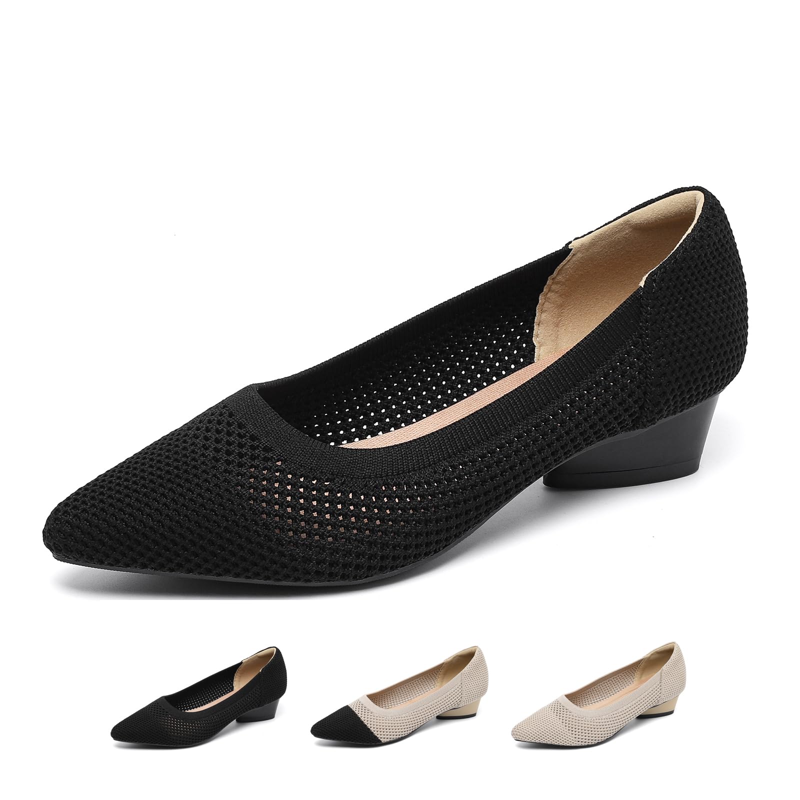 OXNEUHG Women's Knit Pointed Toe Low Chunky Heel Pumps Fashion Mesh Hollow Shallow Mouth Slip On Low Heel Ballet Shoes Comfortable Breathable Casual