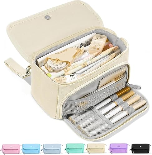 Sooez Super Large Pencil Case, Big Capacity Pencil Bag with 3 Compartments, Holds 100 Pencils, Cute Pencil Pouch with Zipper, Portable Stationery Pen Bag, Aesthetic School Supplies For Girls, Beige