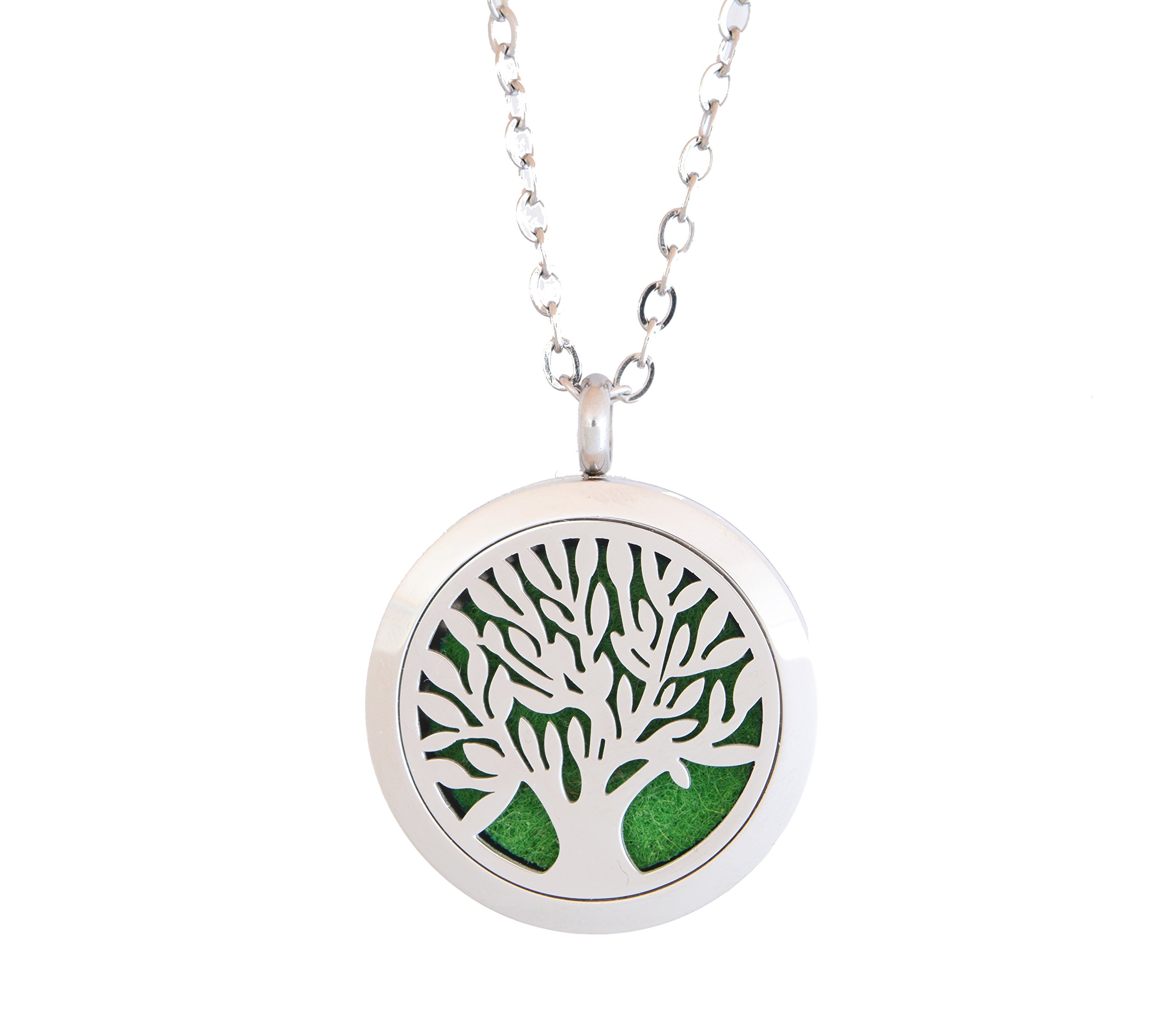 Aromatherapy Essential Oil Diffuser Stainless Steel 30MM Silver Magnetic Locket Pendant with Chain Necklace and Colored Refill Pads & Diffuser Bracelet All in a Velvet Bag (Tree of Life)