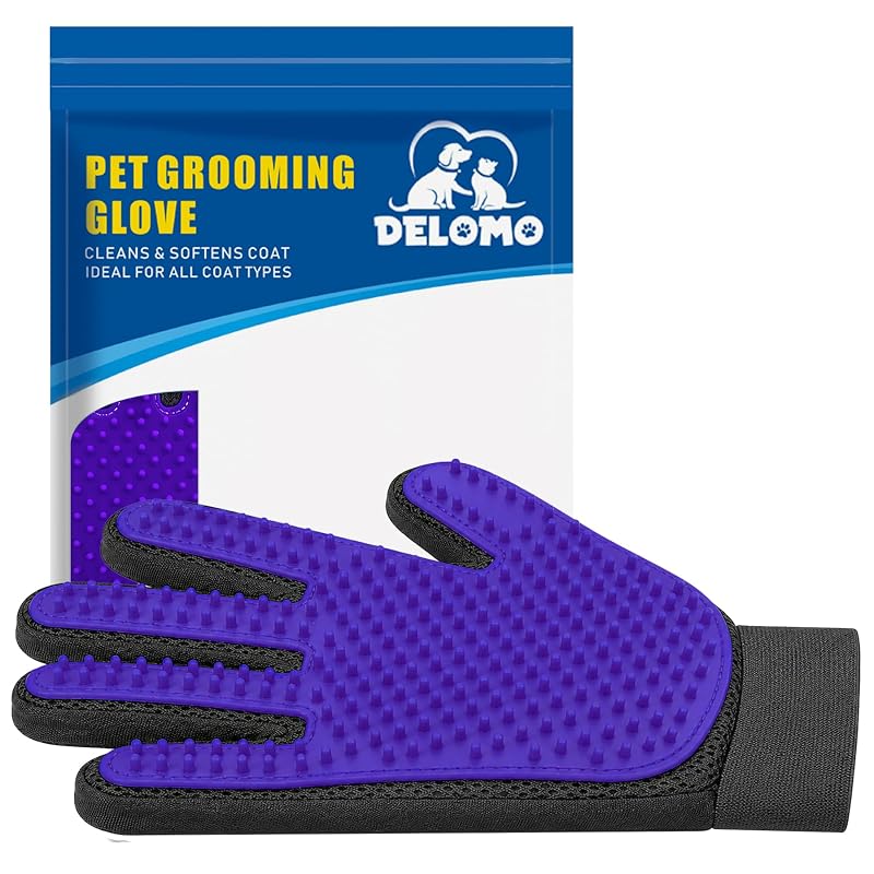 Luva para remoção de pelos de cães e gatos com 255 pontas de silicone DELOMO, mão direita Purple