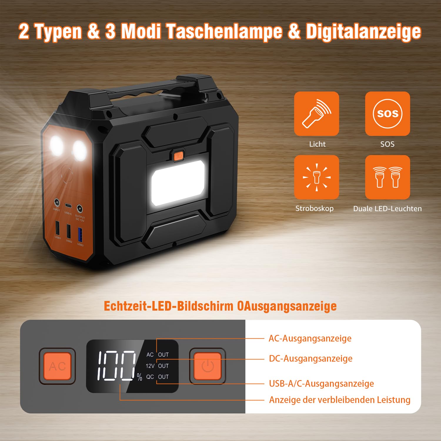 Powkey Powerstation mit Solarpanel 99Wh Tragbare Powerstation mit 40W Faltbare Solarpanel 100W Solargenerator mit 230V AC Ausgang/18W USB-A/USB-C für Wohnmobil Camping，schwarz-orange