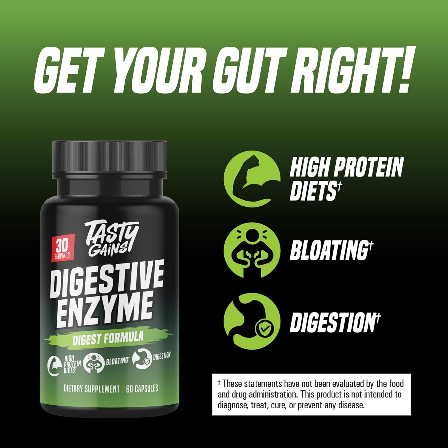 TASTY GAINS - Complete Digestive Enzymes Supplement for Gut Health - Bloating Relief for Men and Women - Enzymes for Digestion - Food Discomfort Relief & Debloat (60 Capsules) - Image 3