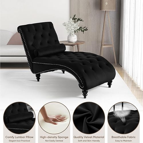 Miniatura 2 de Tumbona de terciopelo negro para interiores con almohada abatible, moderna tumbona rosa, sillas tapizadas de terciopelo sin brazos con botones
