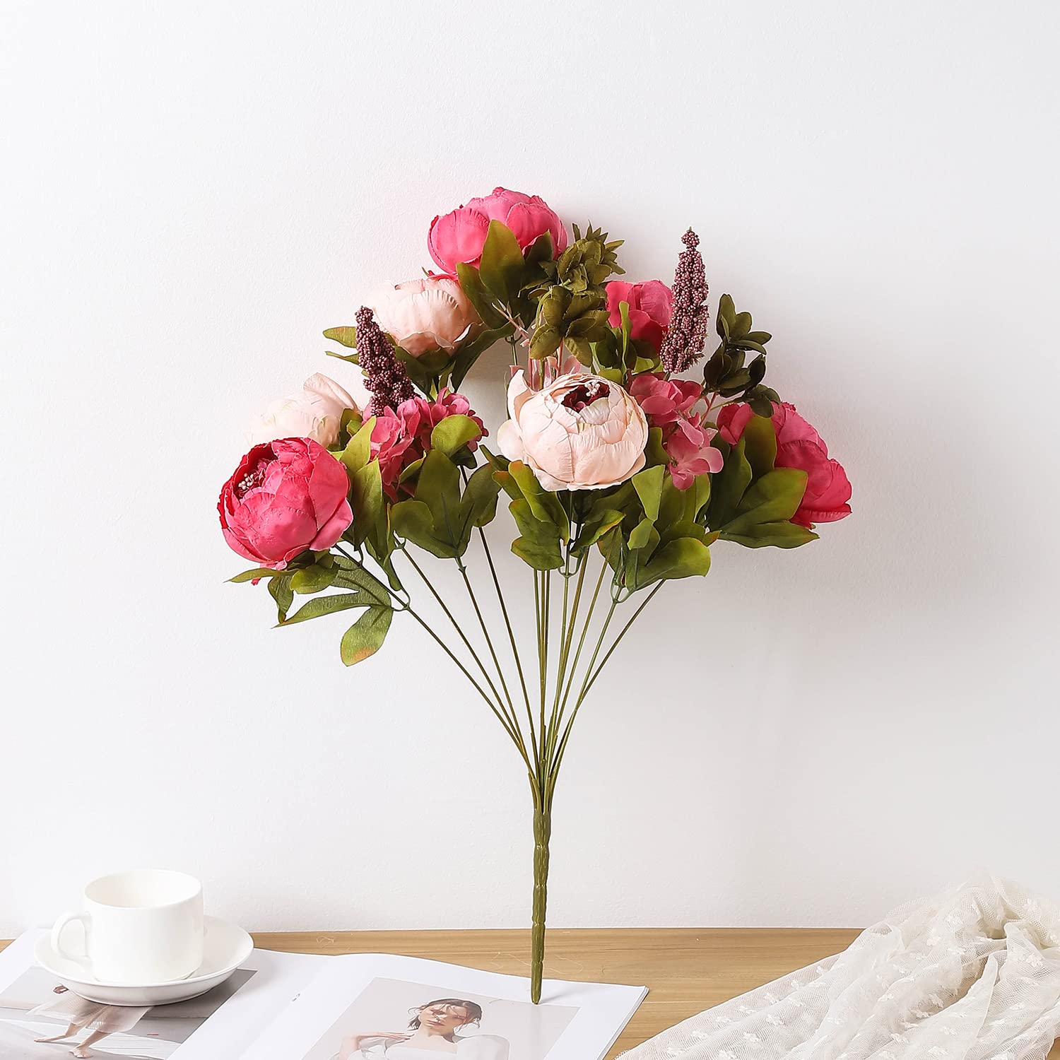 Duovlo Fake Flowers Vintage Artificial Peony Silk Flowers Wedding Home Decoration,Pack of 1 (Dark Pink) - Image 3