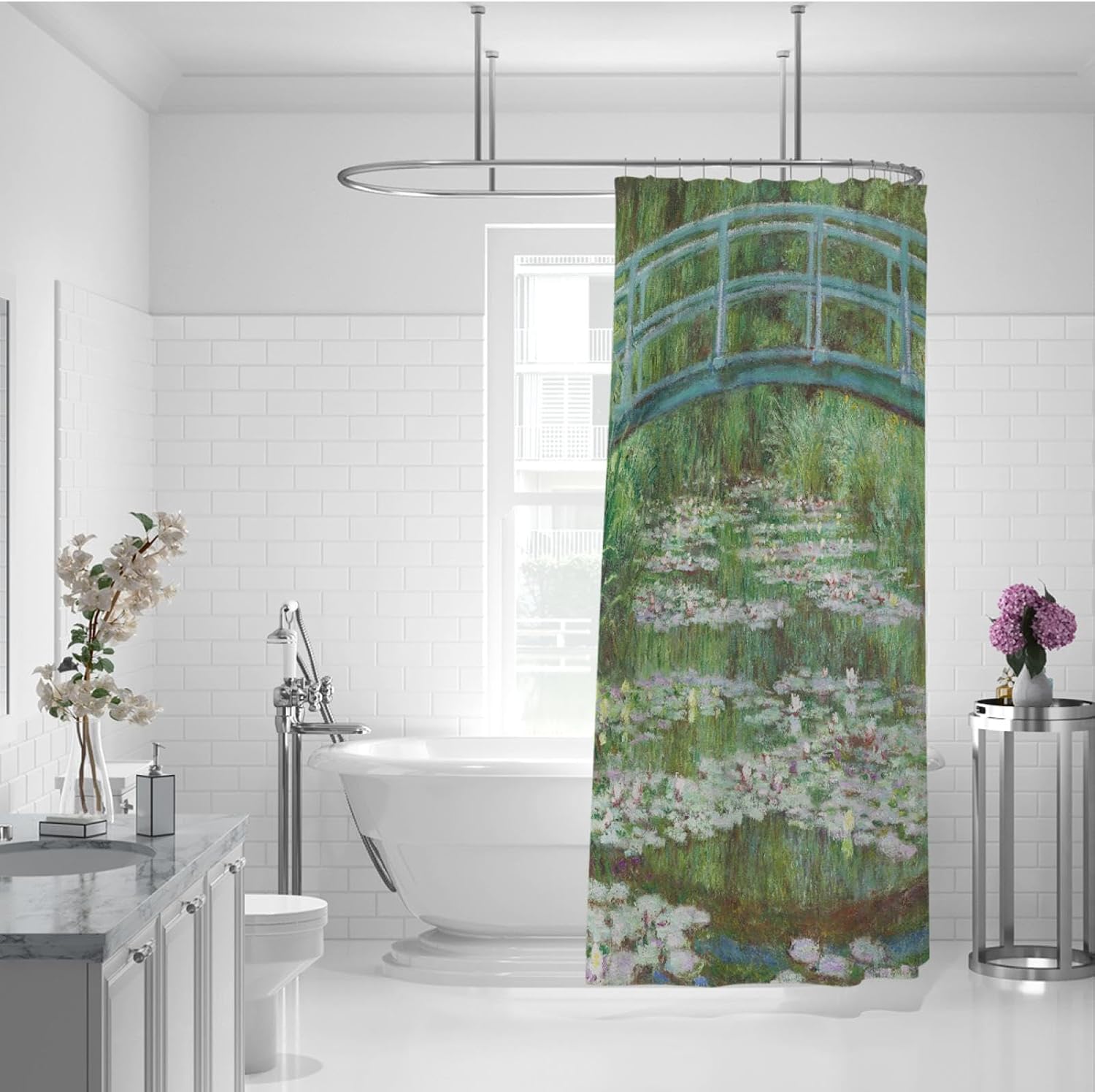 Famous Painting Japanese Bridge Shower Curtain Set Oil Painting Art Classic Retro Water Lily Landscape Moss Green Bathtub Decoration W72xL72in