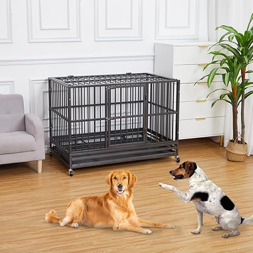 Miniatura 7 de Jaula indestructible para perros de 48 pulgadas, jaula para perros grande resistente con ruedas y cerraduras resistentes, perrera interior con doble