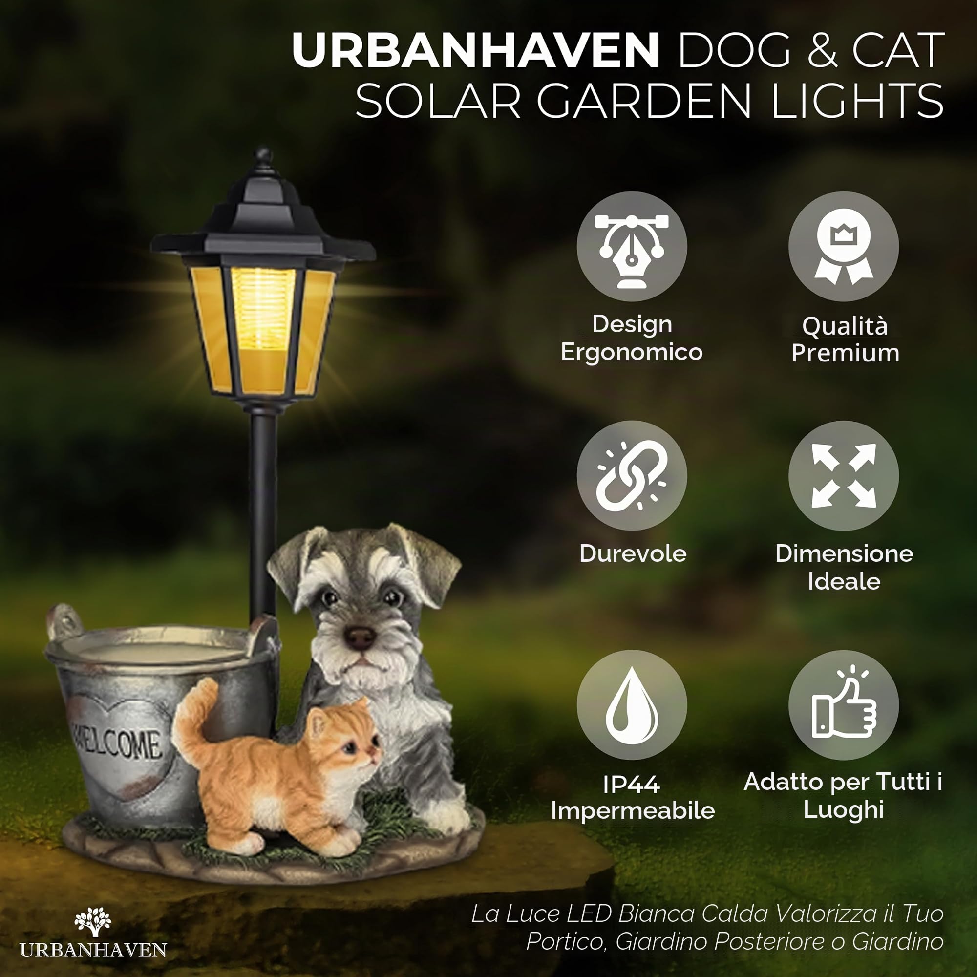 UrbanHaven Lanterna solare per esterni a forma di cane e gatto, ornamenti da giardino in resina con luce solare | Luci da giardino e regali con confezione regalo