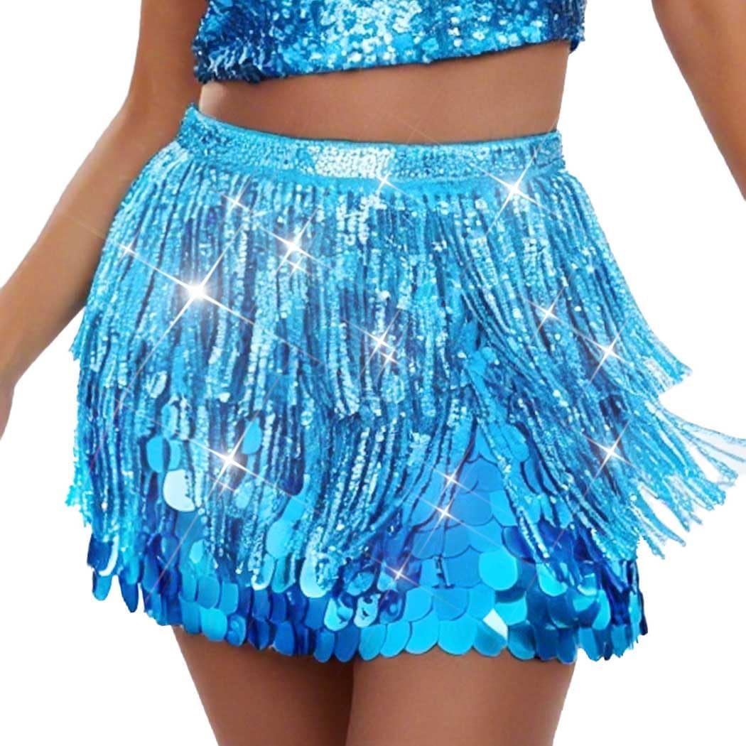 Brishow Christmas Sequin Fringe Skirt, Sparkly Tassel Belly Dance Hip Scarf Wrap Mini Skirt for Women One Size A-light Blue