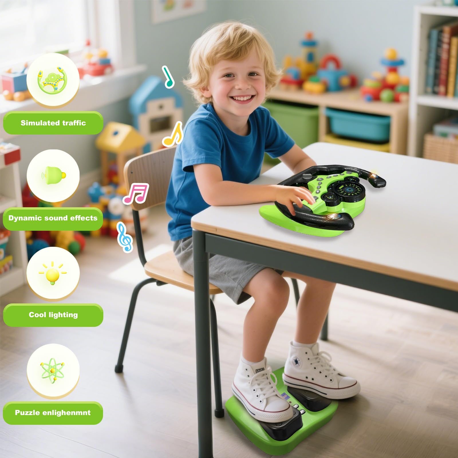RedCrab Volante Giocattolo per Auto con Pedale del Freno e Dell'acceleratore, 360° Simulatore di Guida Bambini con Funzioni Luminose e Sonore, Regalo Educativo Precoce per Bambini