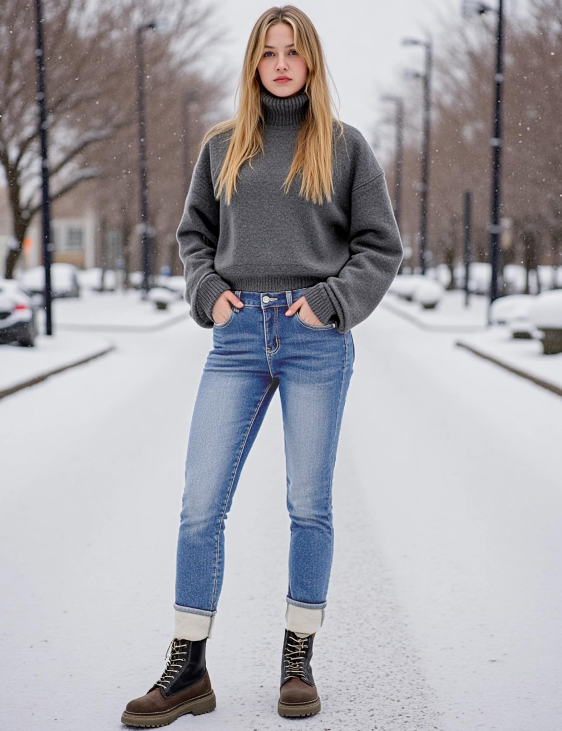 Pantalones Vaqueros de Invierno con Forro Polar para Mujer Jeans Ajustados Térmicos Denim Levanta Glúteos Cálidos Invierno Leggings Vaqueros