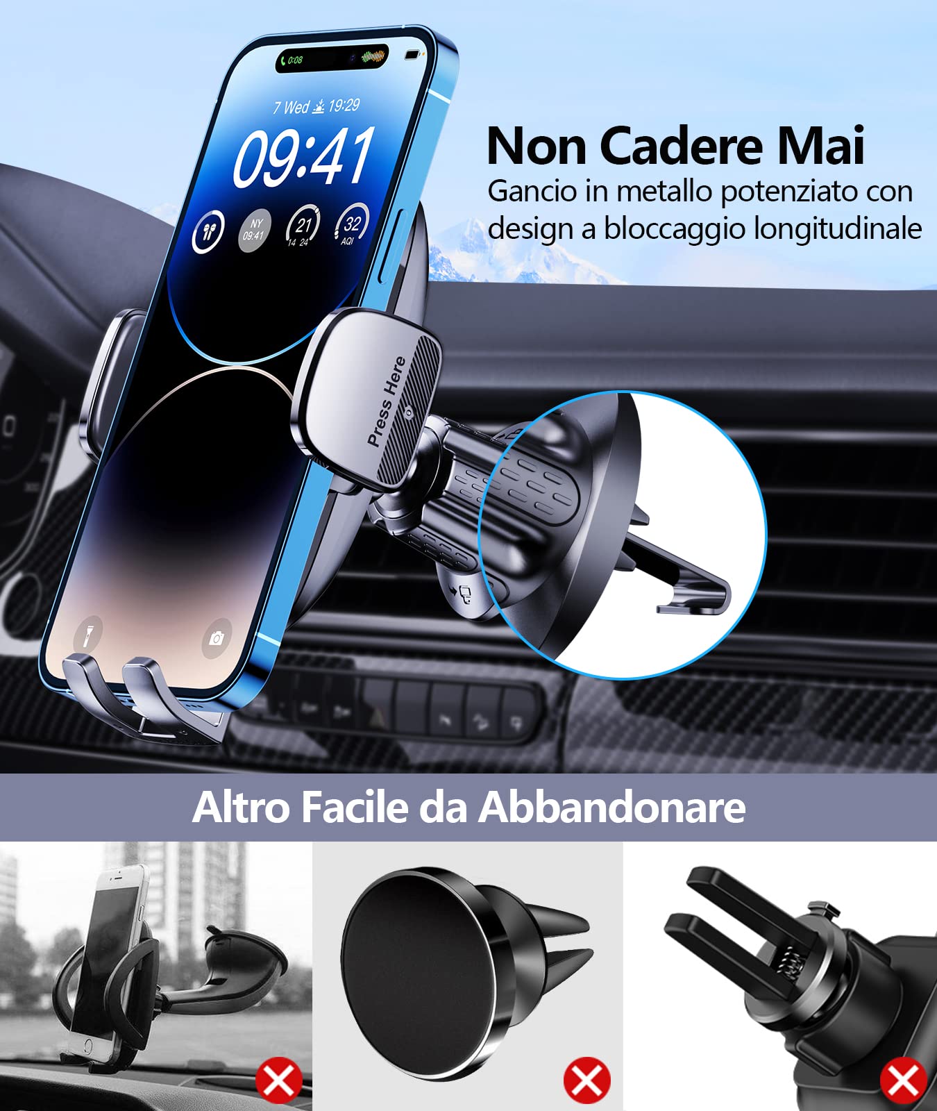 Glangeh Porta Cellulare Auto, [2025 Upgrated Clip] Supporto Telefono Auto per Presa D'aria Dell'Auto, 360°di Rotazione Supporti Interni per Auto Universale Compatibile con iPhone/Galaxy