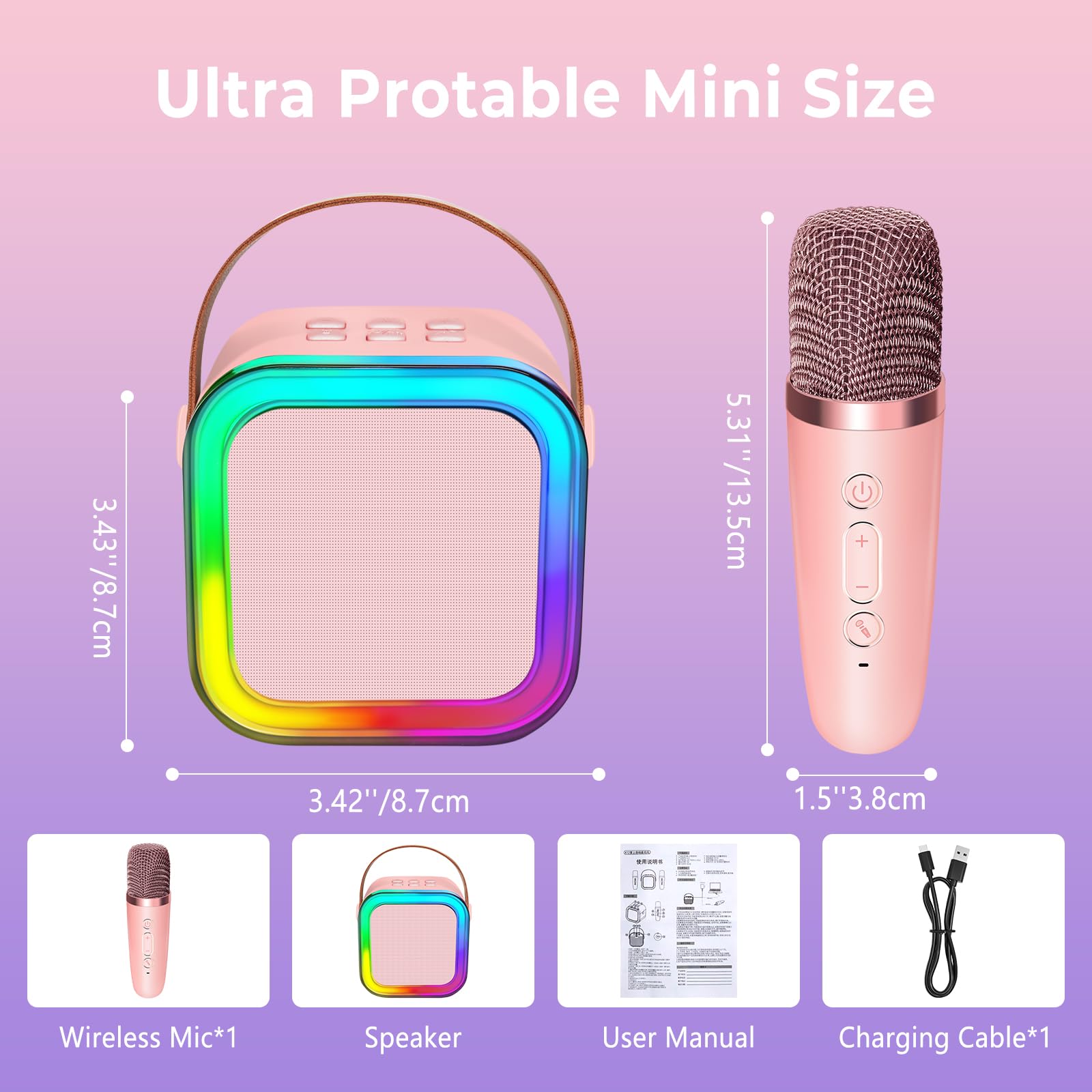 Mini Karaoke Machine for Kids Adults, UZSOMX Portable Bluetooth Speakers and 2 Wireless Microphones Song Toys with LED Light, Chritmas Birthday Toys Gifts for Girls Boys Toddler Teens (Pink 1 Mic) 1