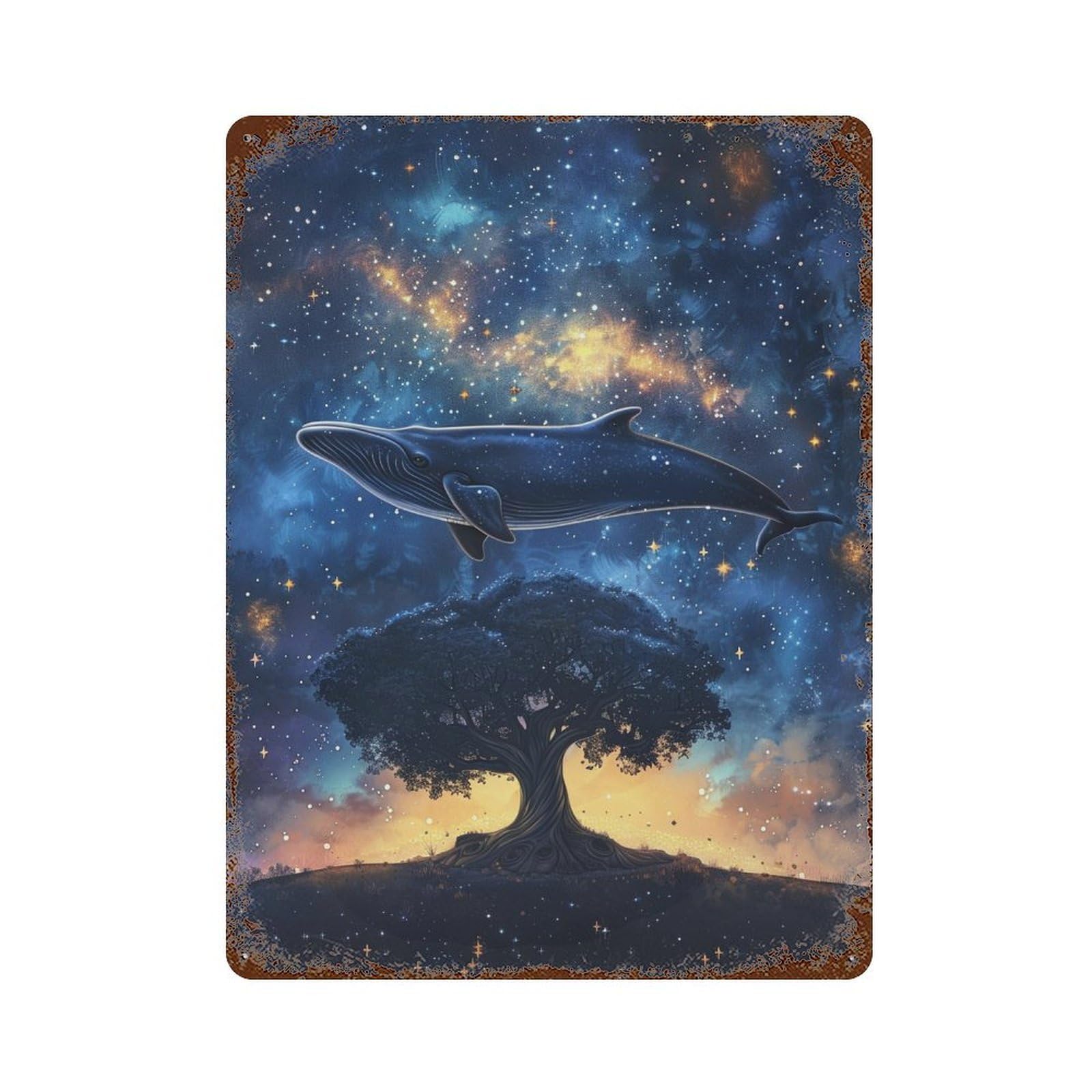 Weathered Tin Sign with Whale Tree Galaxy Fantasy Design 15.7"x11.8", for Office, Studio And Wall Decor, Retro Wall Decor
