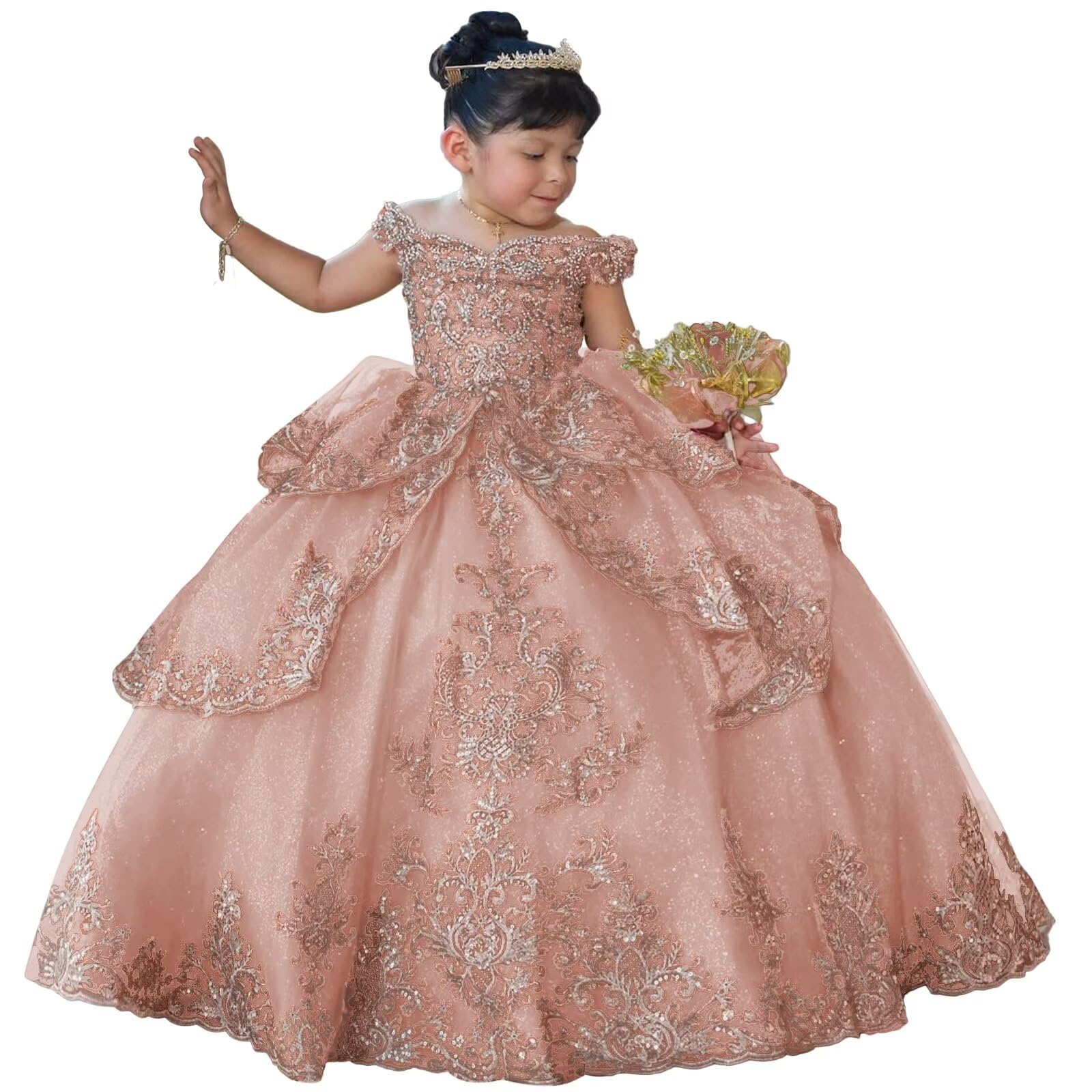 Youjiayi Sparkly Gold Appliques Flower Girl Dress Puffy Lace Tulle Kids Ball Gown Rhinestone Layered First Communion Dress