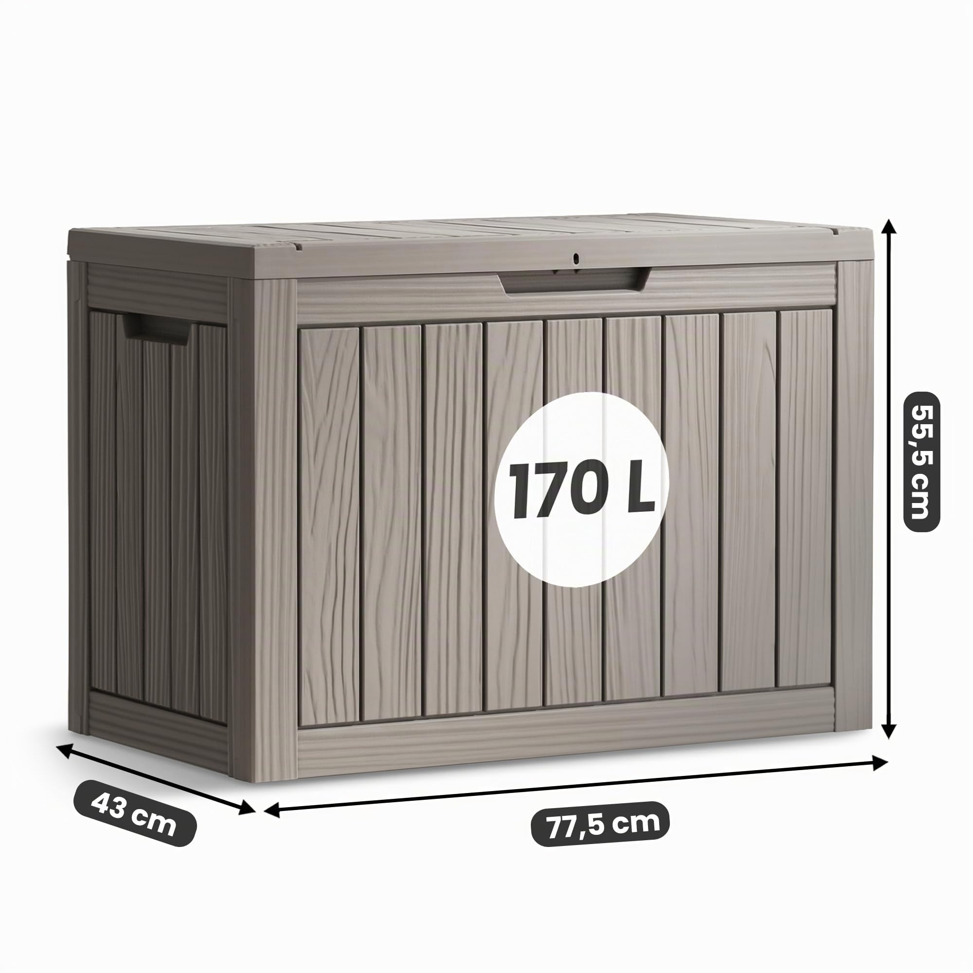 AKORD Coffre de Jardin Imperméable 170L, Boîte de Rangement Extérieur pour Balcon et Terrasse, Polypropylène Aspect Bois, 77,5 x 43 x 55,5 cm, Gris