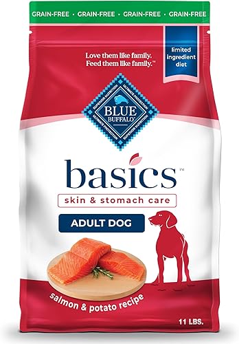 Blue Buffalo Basics Cuidado de la piel y el estómago, alimento seco natural para perros adultos, sin granos, salmón y patata, 11 libras