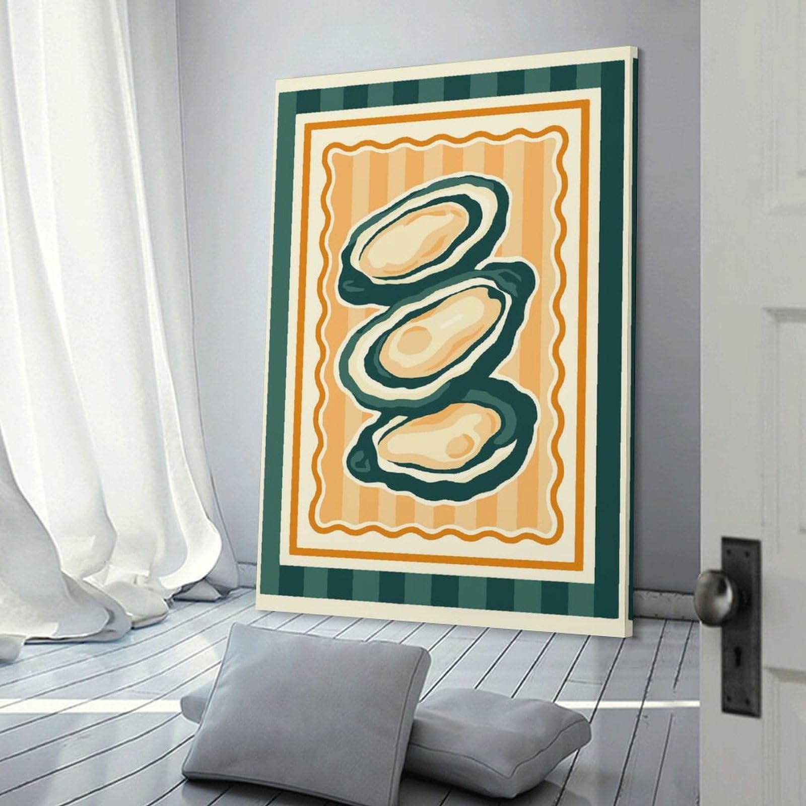 Junmoney Stylized Oysters on Striped Background Wall Picture Print 20x30inch(50x75cm), for Entrance Spaces, Stair Walls Or Halls, Decorative Canvas Styling for Entry Areas