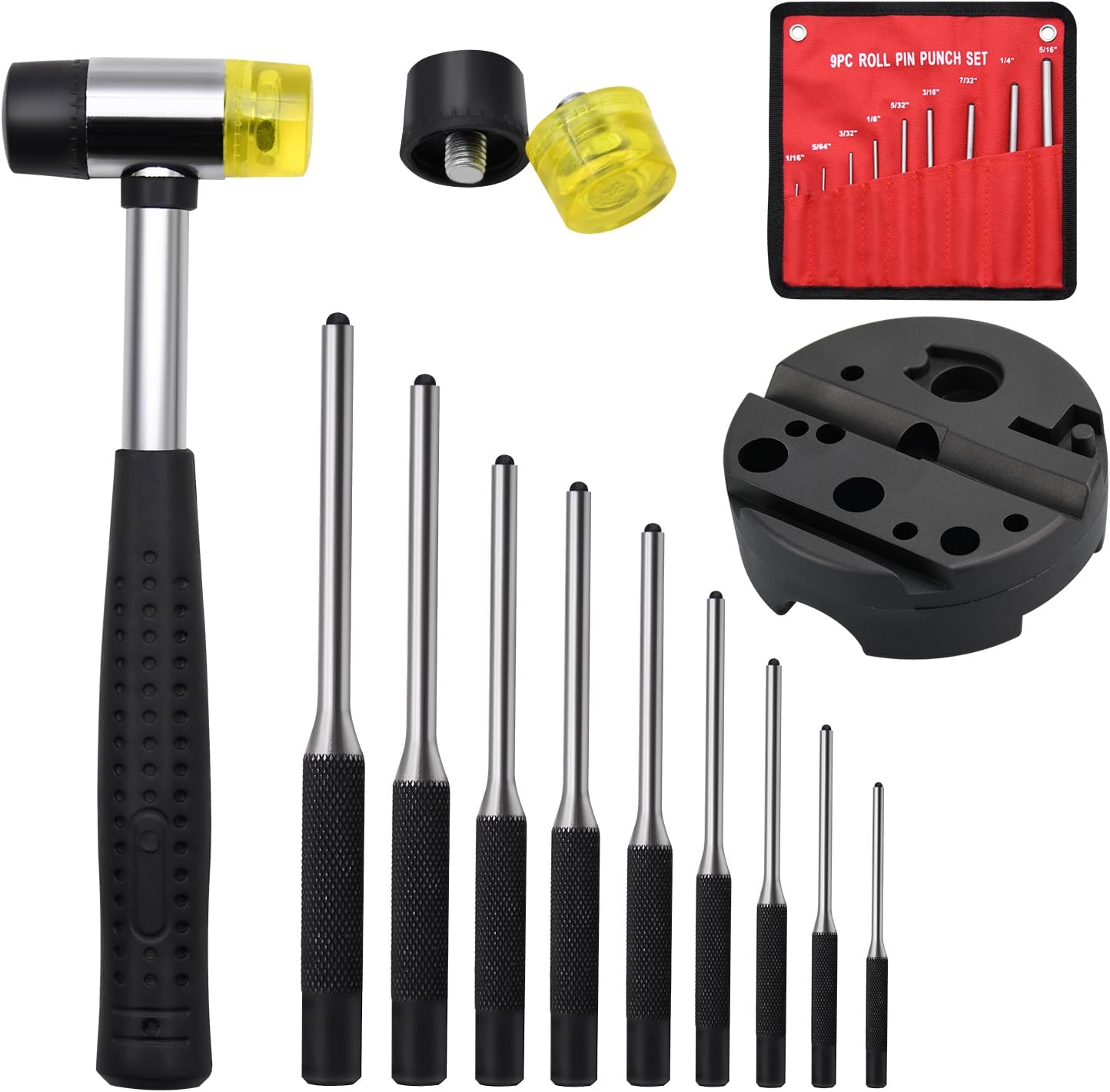 Pin Punch Set, 14pcs Removing Repair Tools, including Universal Block, Pin Punches and Hammer