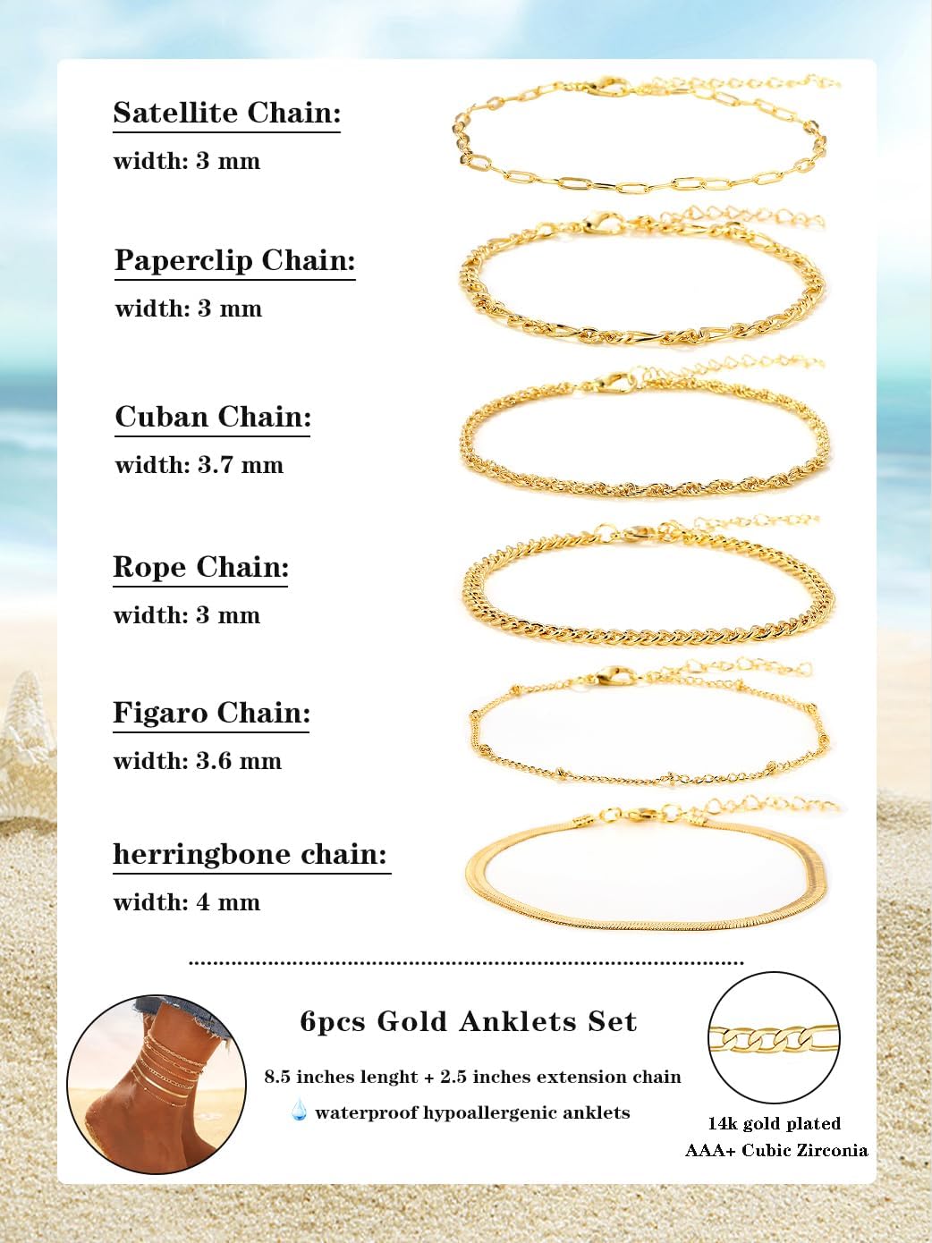 6PCS Gold Anklets Set for Women - 14K Gold Plated Non Tarnish Hypoallergenic Stainless Steel Adjustable Cuban Link Chain Ankle Bracelets Layered Beach Vacation Jewelry Gift - Image 5