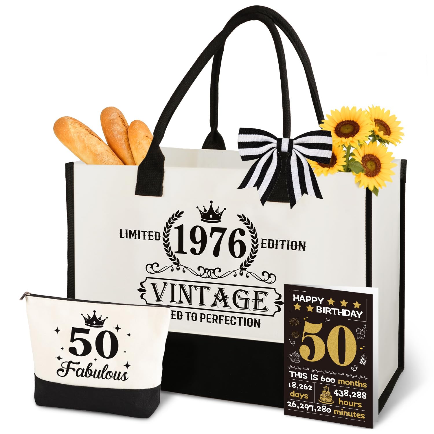50th Birthday Gifts for Her, Vintage 1976 Canvas Tote & Make-up Bag Set for Women, Unique Gift Ideas for 50 Year Old Woman, Mum, Wife, Sister, Friend, Colleague, Birthday Gift for Turning 50