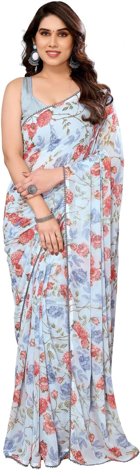 RAJESHWAR FASHION WITH RF Printed Georgette Sarees For Women & College Girls Farewell With Lace Border & Blouse