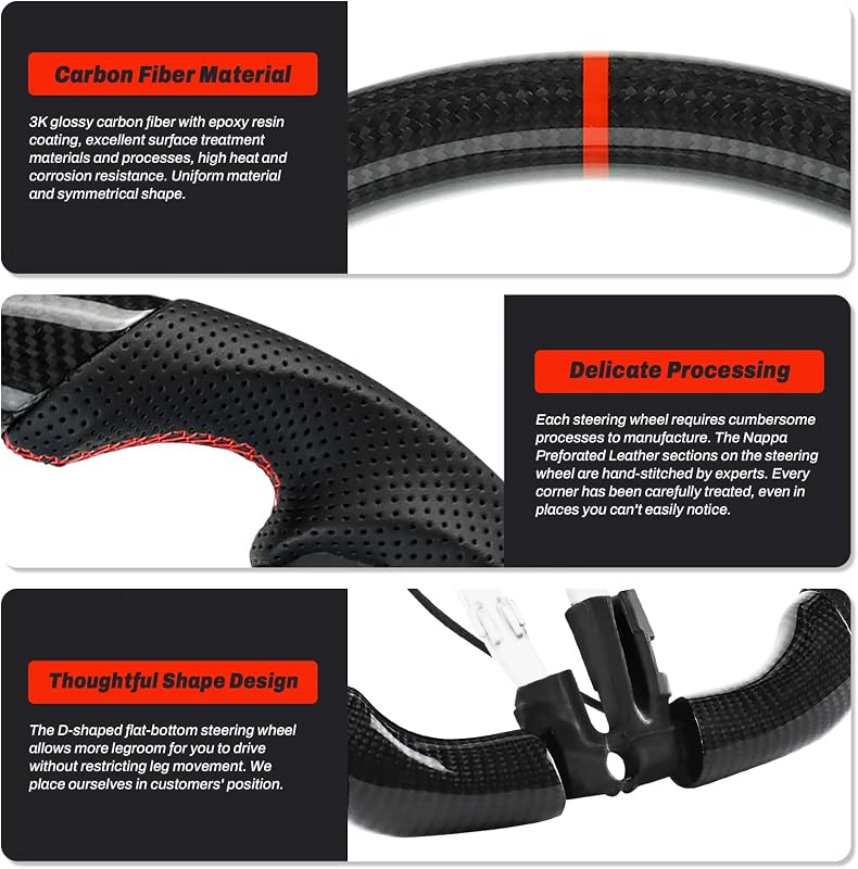 Volan sport din fibră de carbon lucrat manual, cu încălzire, piele perforată și marcaj central roșu pentru BMW M5 F10 F11 F06 F12 F13 F01 F02 F90