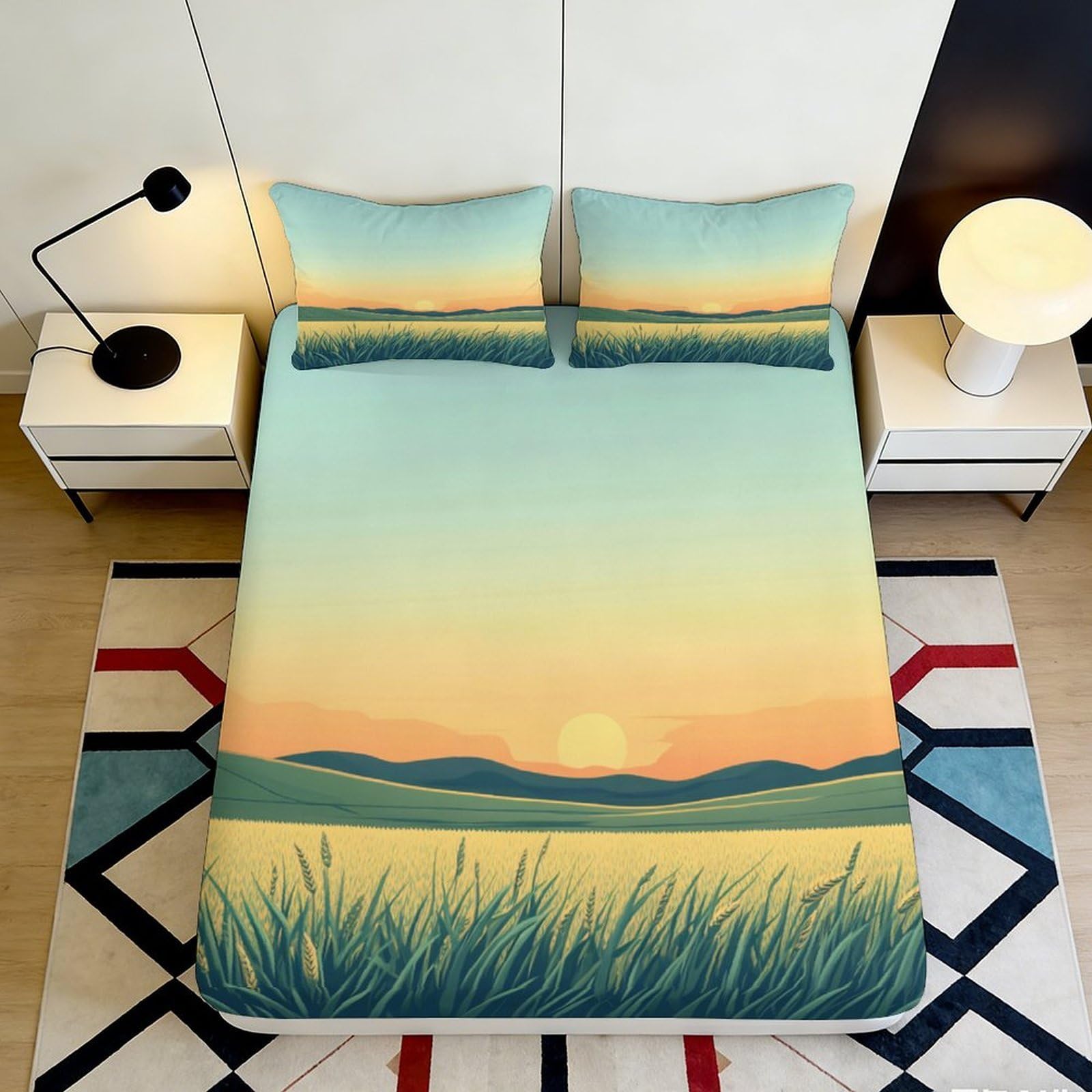 Dhbaneiok Style-5 3D Printed Sunrise Landscape Fitted Sheet Microfiber Soft Breathable Sunset Fields Mattress Cover Bedroom Decor 90X200x25cm
