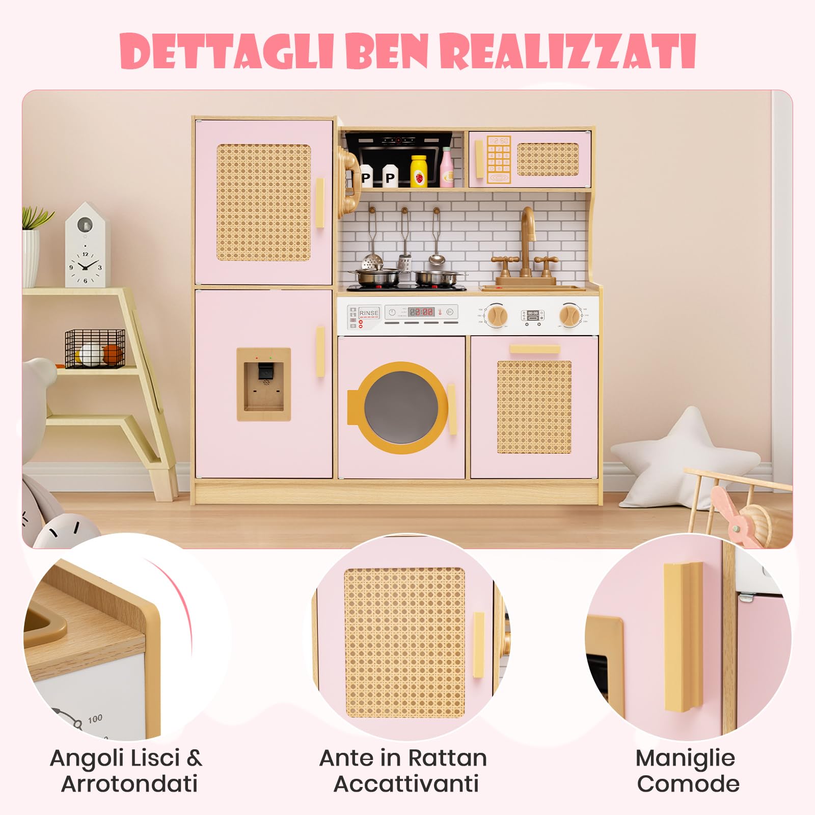 RELAX4LIFE Cucina Giocattolo per Bambini, Effetti Sonori e Luminosi, Gioco Cucina in Legno con Frigo, Microonde, Forno, Lavatrice, Mini Cucina per Bambini 3-6 Anni (Rosa)