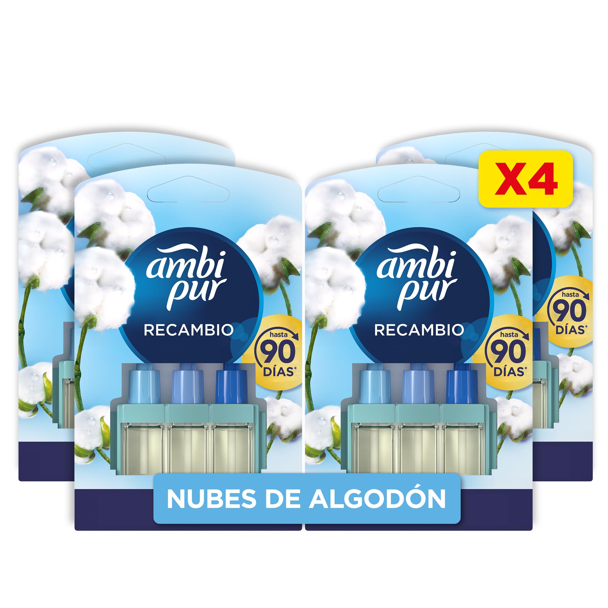 Ambi Pur 3Volution Nubes De Algodón Recambio De Ambientador Eléctrico 80ml, 3 Aromas Que Se Alternan Para Eliminar Olores 4 Unidades
