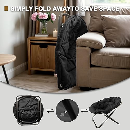 Miniatura 6 de Silla plegable con platillo, silla Lazy Moon con marco de metal, cómodas sillas de dormitorio para dormitorio, sala de estar, estudio, gris JC