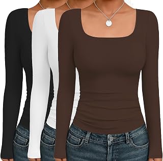 Ekouaer Womens 3 Pack Long Sleeve Shirts Square Neck Tops Fitted Undershirt | Going Out Tops for Women, Stretchy Cute Tight Tshirt Base Layer, Y2k Casual Scoop Neck Long Sleeve Tops XS-XXL